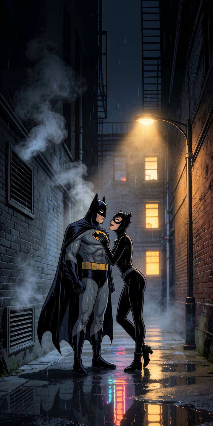 Catwoman's hand gently rests on Batman's chest as they share an intimate moment under the warm glow of a street lamp in a rain-slicked Gotham alley. This striking 4K wallpaper with vibrant reflections in the puddles makes a perfect iPhone wallpaper for fans of the iconic duo. | urban batman gothic rainy iphone wallpaper catwoman mobile romance 4k wallpaper hd wallpaper dc comics Catwoman's hand gently rests on Batman's chest as they share an intimate moment under the warm glow of a street lamp in a rain-slicked Gotham alley. This striking 4K wallpaper with vibrant reflections in the puddles makes a perfect iPhone wallpaper for fans of the iconic duo.