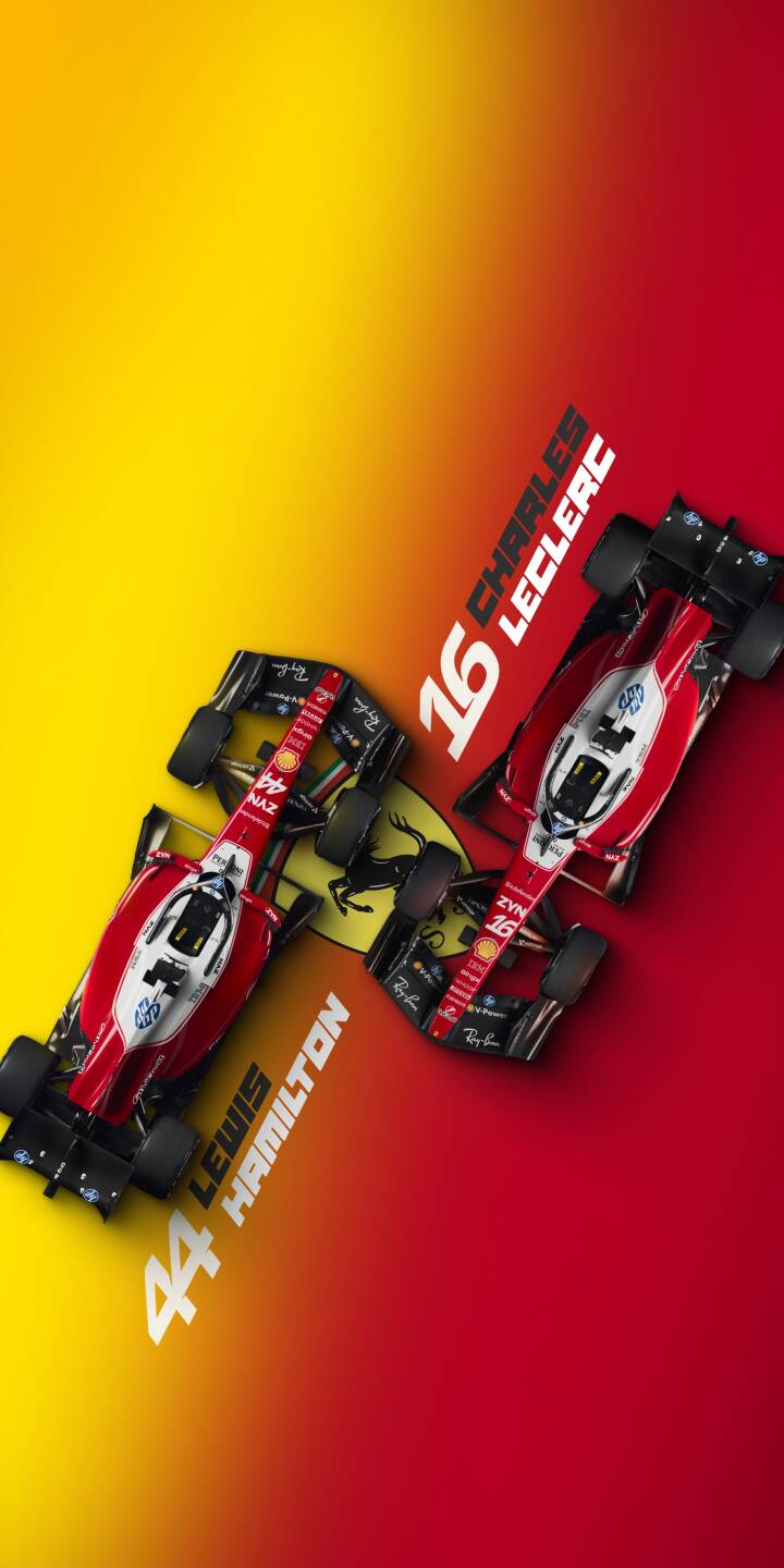 Two sleek Ferrari Formula 1 cars, piloted by Charles Leclerc and Lewis Hamilton, race across a vibrant red and yellow gradient, centered around a subtle Ferrari emblem in this dynamic 4K wallpaper — an essential racing wallpaper for any iPhone. Each car is impeccably detailed, showcasing sponsor logos and the distinct racing numbers 16 and 44. | iphone ferrari wallpaper f1 racing lewis hamilton charles leclerc sport formula 1 mobile 4k wallpaper hd wallpaper Two sleek Ferrari Formula 1 cars, piloted by Charles Leclerc and Lewis Hamilton, race across a vibrant red and yellow gradient, centered around a subtle Ferrari emblem in this dynamic 4K wallpaper — an essential racing wallpaper for any iPhone. Each car is impeccably detailed, showcasing sponsor logos and the distinct racing numbers 16 and 44.