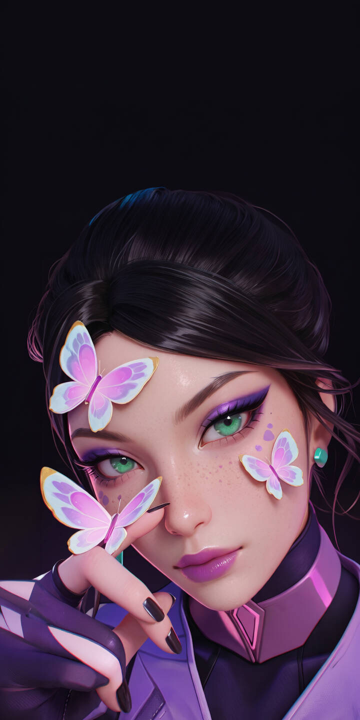 Three iridescent butterflies gently perch around her face, complementing the striking green eyes and vibrant purple makeup in this captivating 4K wallpaper. It's a perfect wallpaper for iPhone, showcasing detailed digital artistry. | iphone fantasy wallpaper mobile digital art green eyes 4k wallpaper hd wallpaper stylized purple aesthetic butterfly girl Three iridescent butterflies gently perch around her face, complementing the striking green eyes and vibrant purple makeup in this captivating 4K wallpaper. It's a perfect wallpaper for iPhone, showcasing detailed digital artistry.