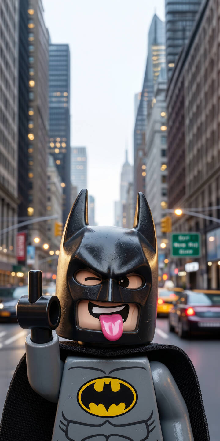 Lego Batman playfully winks and sticks out his tongue in a bustling city street, making for a surprisingly silly 4K wallpaper perfect for your iPhone. This fun, detailed Lego wallpaper captures the iconic hero's lighter side against a blurred urban backdrop. | funny city lego batman iphone wallpaper mobile 4k wallpaper hd wallpaper lego batman dc comics playful Lego Batman playfully winks and sticks out his tongue in a bustling city street, making for a surprisingly silly 4K wallpaper perfect for your iPhone. This fun, detailed Lego wallpaper captures the iconic hero's lighter side against a blurred urban backdrop.