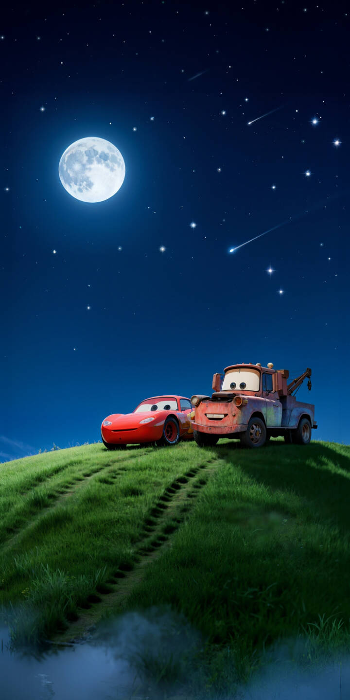 A serene full moon illuminates Lightning McQueen and Mater as they sit atop a grassy hill under a sky filled with shooting stars in this charming 4K wallpaper. This delightful wallpaper is perfect for any iPhone, showcasing the iconic duo with visible tire tracks in the foreground. | disney night sky iphone wallpaper animation mobile 4k wallpaper hd wallpaper moonlit lightning mcqueen mater cars pixar A serene full moon illuminates Lightning McQueen and Mater as they sit atop a grassy hill under a sky filled with shooting stars in this charming 4K wallpaper. This delightful wallpaper is perfect for any iPhone, showcasing the iconic duo with visible tire tracks in the foreground.