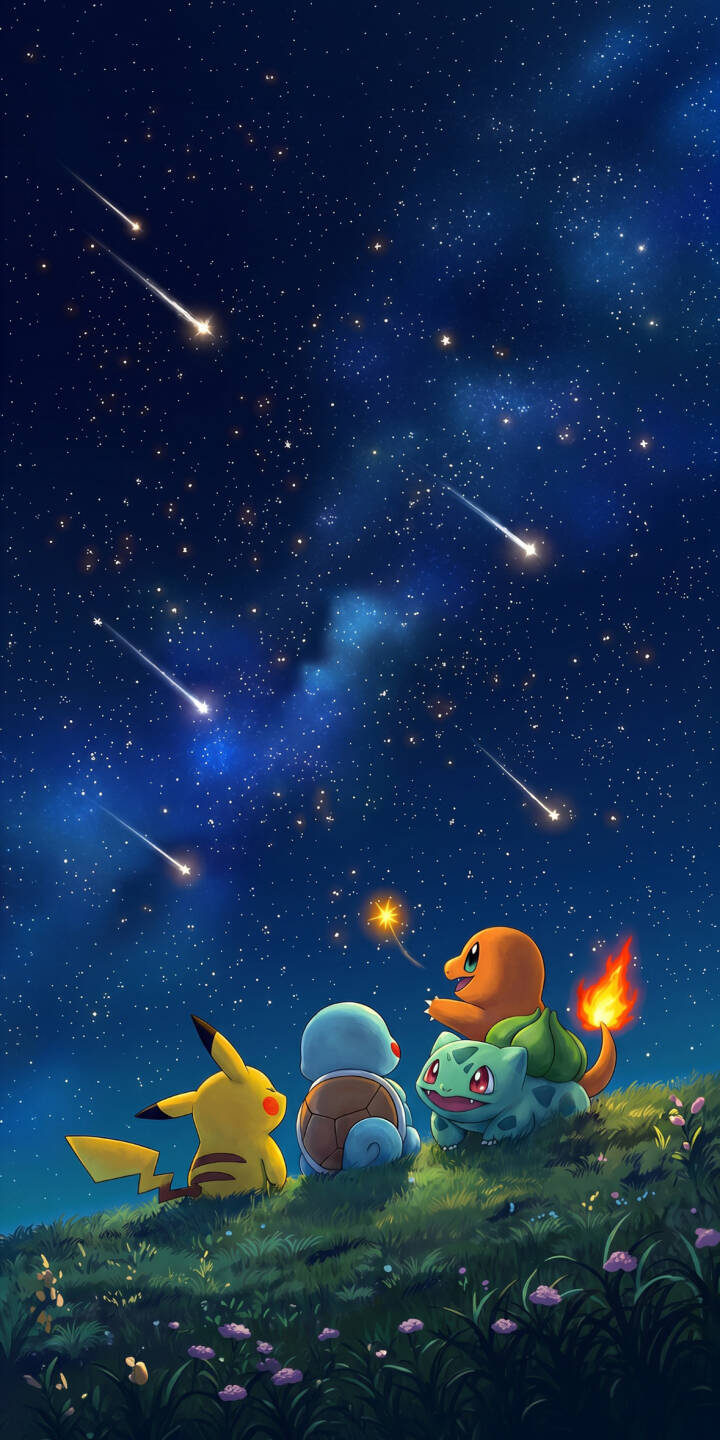 Vibrant meteors streak across a magical, star-filled night sky as Pikachu, Squirtle, Bulbasaur, and Charmander gaze upwards from a grassy hill in this captivating 4K wallpaper. This heartwarming scene, featuring Charmander's softly glowing tail flame, makes a charming iPhone wallpaper for any fan. | night sky iphone pikachu pokemon bulbasaur wallpaper squirtle mobile 4k wallpaper hd wallpaper stargazing charmander Vibrant meteors streak across a magical, star-filled night sky as Pikachu, Squirtle, Bulbasaur, and Charmander gaze upwards from a grassy hill in this captivating 4K wallpaper. This heartwarming scene, featuring Charmander's softly glowing tail flame, makes a charming iPhone wallpaper for any fan.