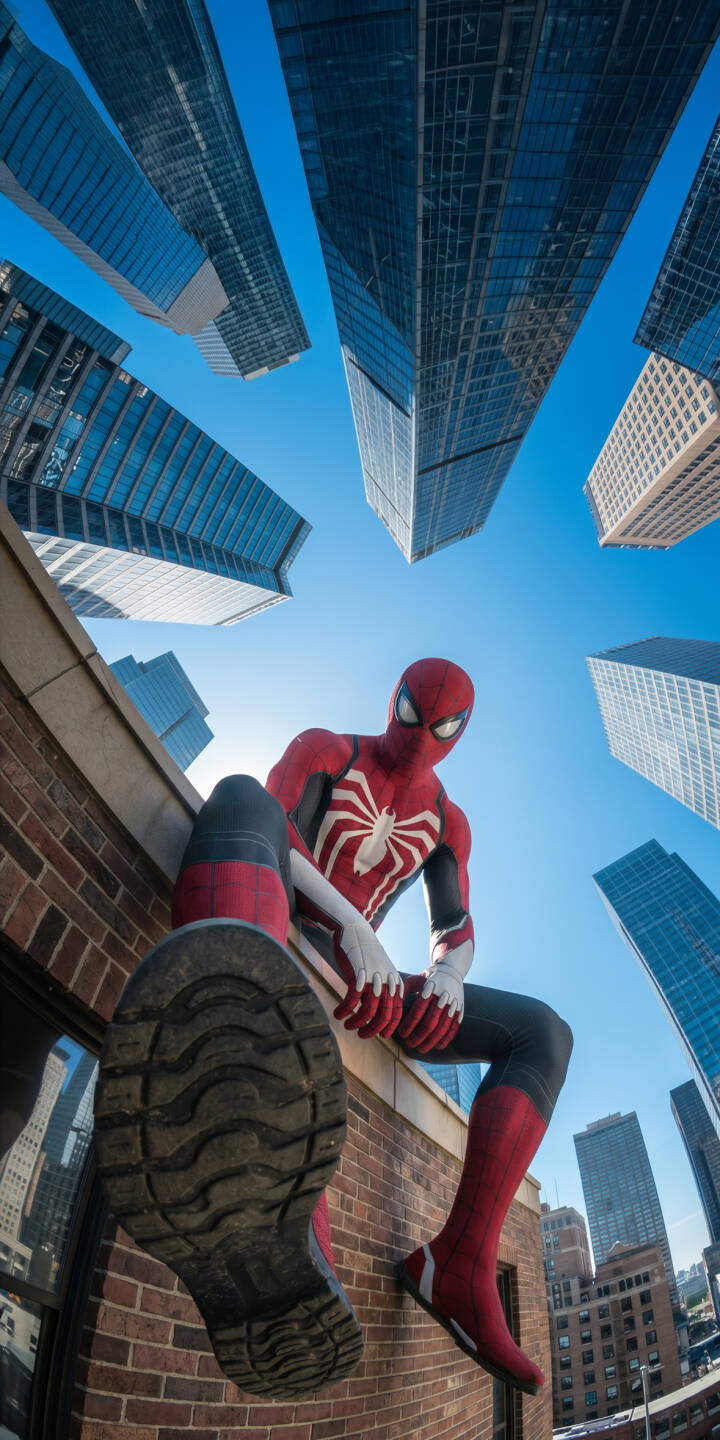 The sole of Spider-Man's boot looms large in this dynamic 4K wallpaper, captured from a low fisheye perspective as he casually sits on a brick ledge high above the city. This striking wallpaper, showcasing his iconic red and white suit against towering glass skyscrapers and a clear blue sky, is perfect for your iPhone. | superhero marvel iphone gaming dynamic wallpaper mobile 4k wallpaper hd wallpaper spider-man cityscape fisheye The sole of Spider-Man's boot looms large in this dynamic 4K wallpaper, captured from a low fisheye perspective as he casually sits on a brick ledge high above the city. This striking wallpaper, showcasing his iconic red and white suit against towering glass skyscrapers and a clear blue sky, is perfect for your iPhone.