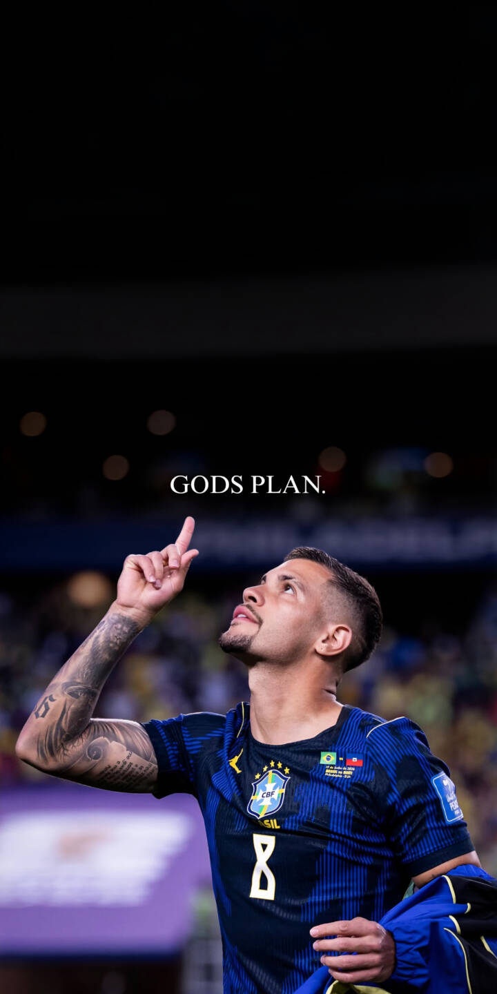 The text 'GODS PLAN.' hovers above a Brazilian football player, number 8, as he points triumphantly skyward in this powerful 4K wallpaper. This inspiring wallpaper, showcasing his distinctive arm tattoos and a dark stadium backdrop, is perfect for iPhone users. | sports football player iphone soccer wallpaper mobile 4k wallpaper hd wallpaper brazil football inspirational gods plan The text 'GODS PLAN.' hovers above a Brazilian football player, number 8, as he points triumphantly skyward in this powerful 4K wallpaper. This inspiring wallpaper, showcasing his distinctive arm tattoos and a dark stadium backdrop, is perfect for iPhone users.
