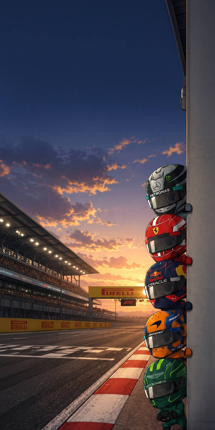 Five iconic F1 team helmets peek out from behind a wall, set against a breathtaking sunset sky over a race track in this stunning 4K wallpaper. Experience the thrilling atmosphere of motorsport on your iPhone with this unique desktop background wallpaper. | aesthetic sunset race track iphone motorsport wallpaper f1 formula 1 mobile 4k wallpaper hd wallpaper racing helmets Five iconic F1 team helmets peek out from behind a wall, set against a breathtaking sunset sky over a race track in this stunning 4K wallpaper. Experience the thrilling atmosphere of motorsport on your iPhone with this unique desktop background wallpaper.