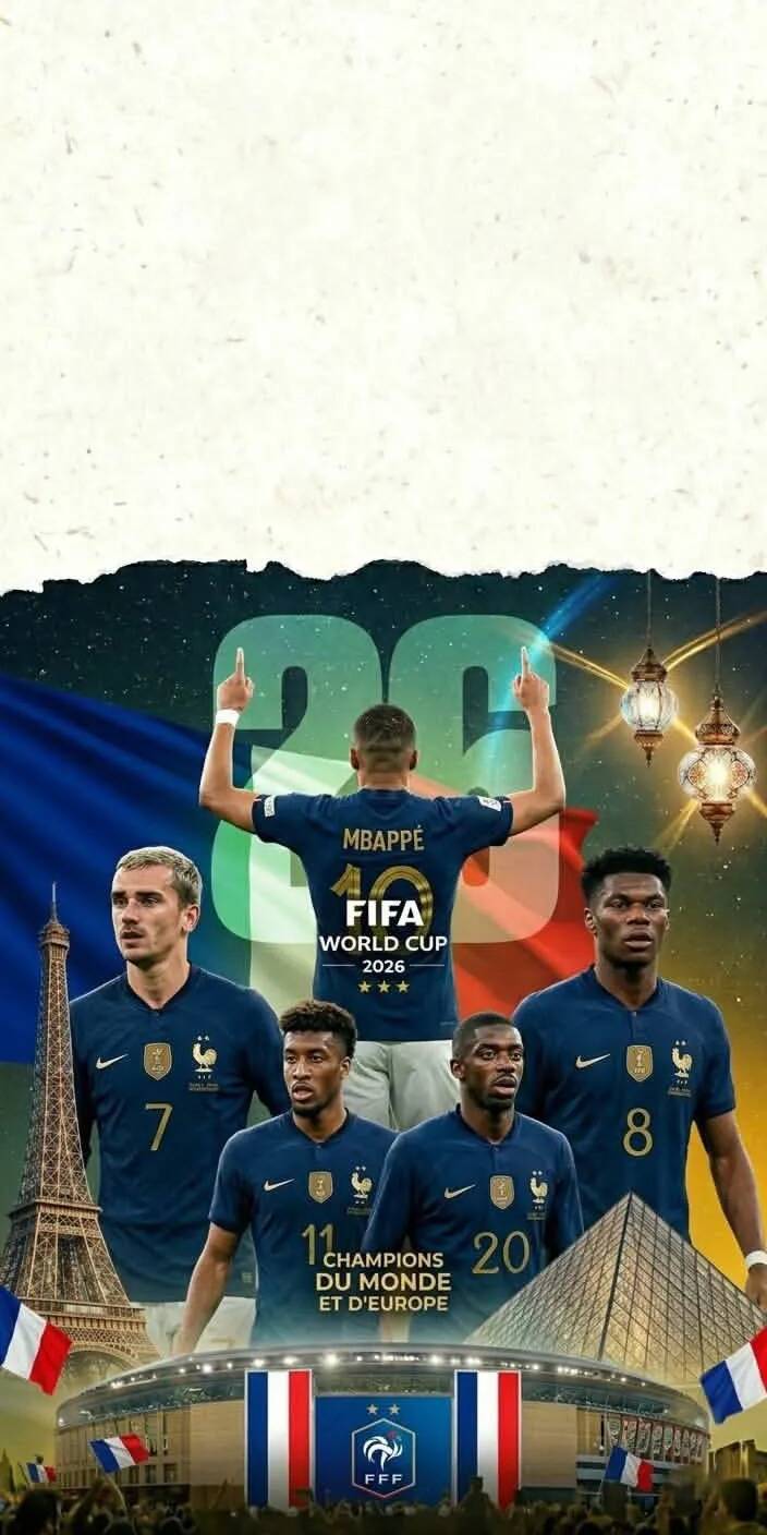 Kylian Mbappé triumphantly raises his arms under the bold '2026' text, backed by the French flag and the FIFA World Cup 2026 emblem in this dynamic 4K wallpaper — an inspiring football wallpaper for iPhone featuring iconic Parisian landmarks and the French squad. | iphone mbappe soccer wallpaper champions mobile 4k wallpaper hd wallpaper world cup france football kylian mbappe eiffel tower Kylian Mbappé triumphantly raises his arms under the bold '2026' text, backed by the French flag and the FIFA World Cup 2026 emblem in this dynamic 4K wallpaper — an inspiring football wallpaper for iPhone featuring iconic Parisian landmarks and the French squad.