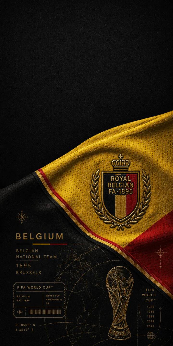 The textured Belgian flag, bearing the Royal Belgian FA crest, dominates this striking 4K wallpaper, featuring an elegant FIFA World Cup trophy illustration and detailed team history – a perfect wallpaper for iPhone users to showcase their national pride. | sports football crest iphone soccer wallpaper mobile 4k wallpaper hd wallpaper fifa world cup belgium The textured Belgian flag, bearing the Royal Belgian FA crest, dominates this striking 4K wallpaper, featuring an elegant FIFA World Cup trophy illustration and detailed team history – a perfect wallpaper for iPhone users to showcase their national pride.