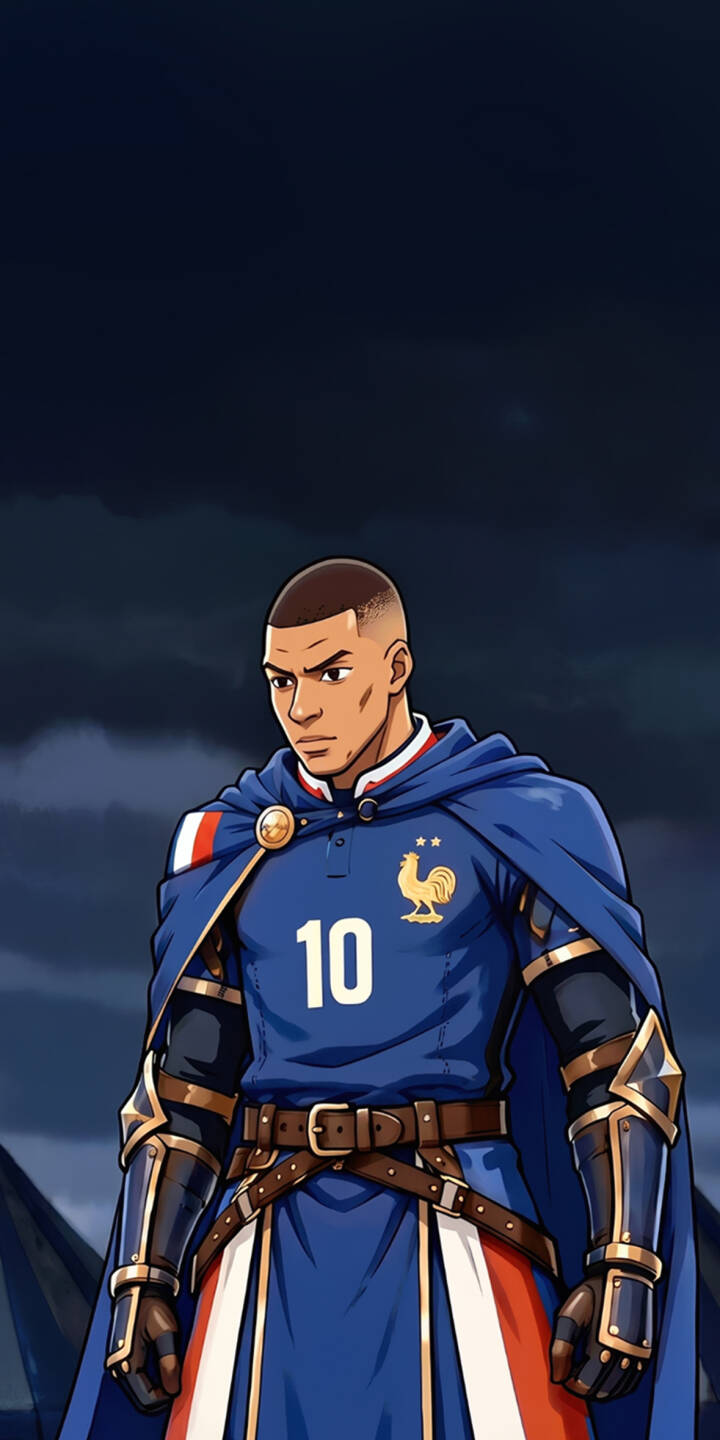 Kylian Mbappé stands as a noble fantasy knight, his vibrant blue cape flowing over a number 10 France jersey and golden armored gauntlets in this striking 4K wallpaper ",a must-have wallpaper for iPhone fans. | football anime knight iphone france mbappe fantasy wallpaper mobile 4k wallpaper hd wallpaper kylian mbappe Kylian Mbappé stands as a noble fantasy knight, his vibrant blue cape flowing over a number 10 France jersey and golden armored gauntlets in this striking 4K wallpaper ",a must-have wallpaper for iPhone fans.