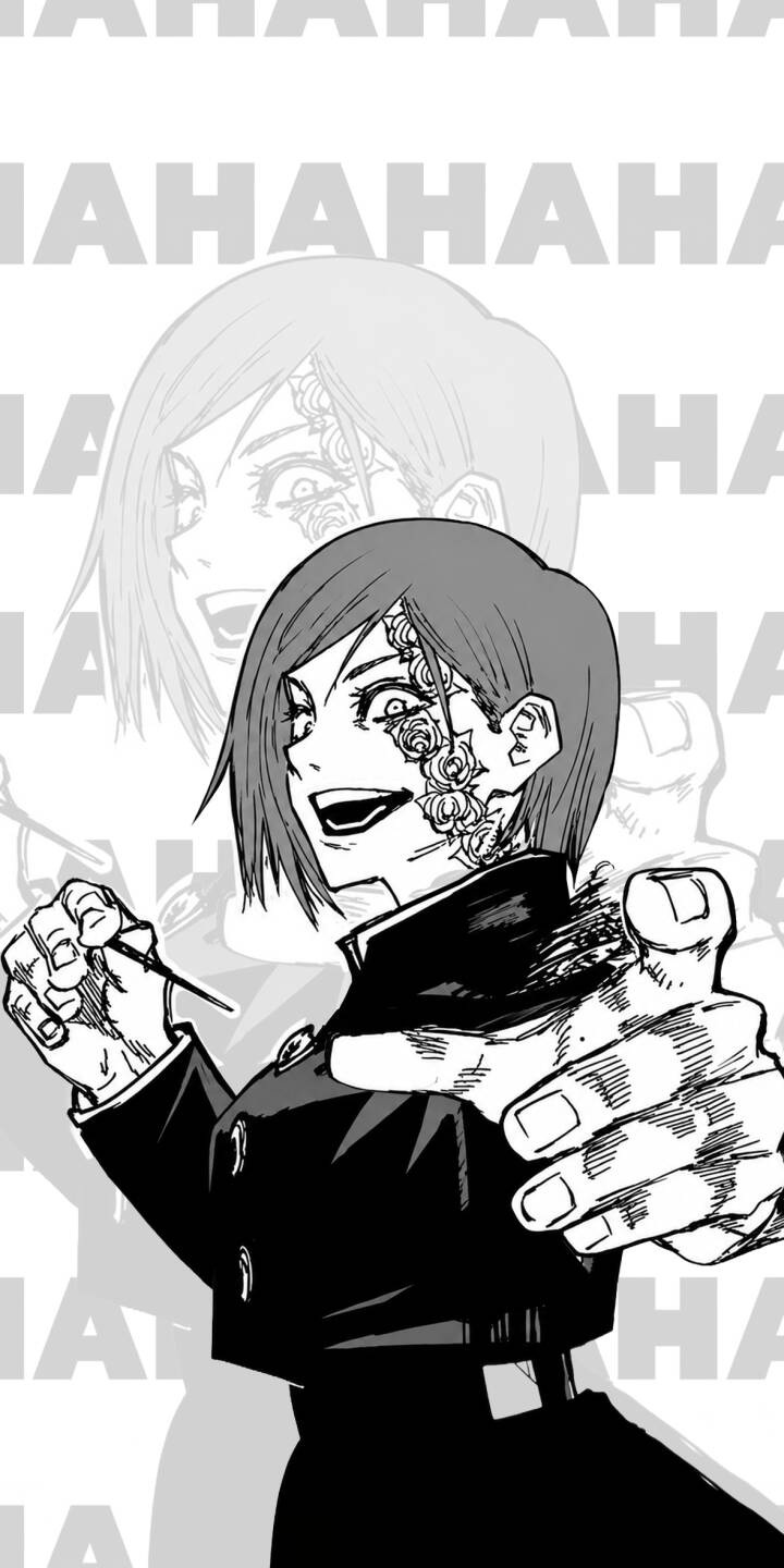 Nobara Kugisaki's intense, smiling expression and rose-like curse marks dominate this striking 4K wallpaper. Pointing forward with her nail and hammer, this dynamic Jujutsu Kaisen wallpaper is perfect for any iPhone. | anime manga iphone wallpaper nobara mobile 4k wallpaper hd wallpaper jujutsu kaisen jjk nobara kugisaki rose curse Nobara Kugisaki's intense, smiling expression and rose-like curse marks dominate this striking 4K wallpaper. Pointing forward with her nail and hammer, this dynamic Jujutsu Kaisen wallpaper is perfect for any iPhone.