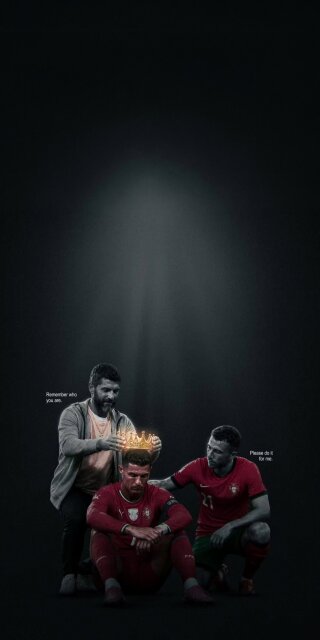 Under a dramatic spotlight, Cristiano Ronaldo sits dejected as a golden crown is placed upon his head, symbolizing his challenge in this poignant 4K wallpaper. This powerful wallpaper captures a defining moment of struggle and motivation, perfect for your iPhone screen.