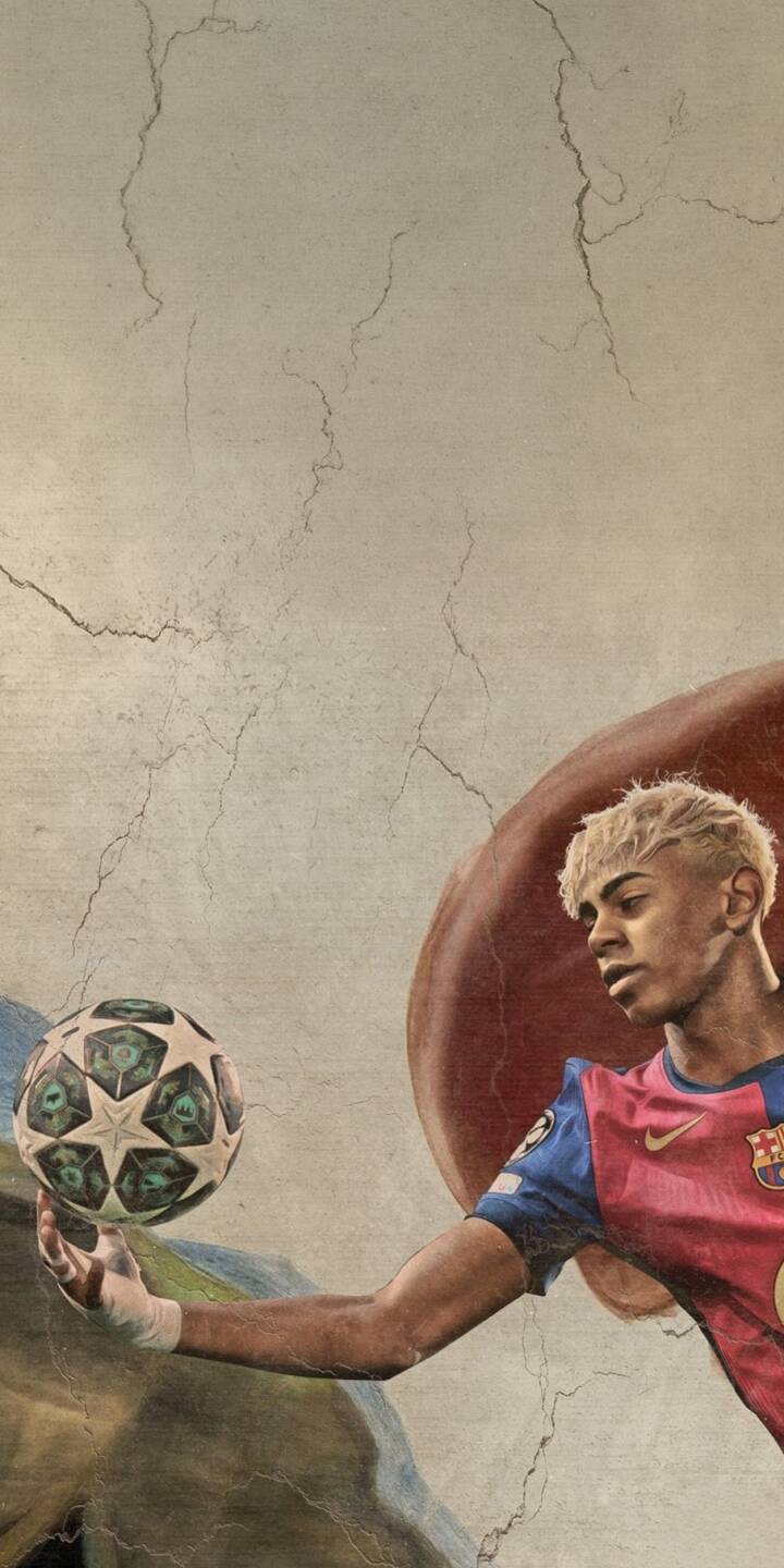 Lamine Yamal's intense gaze and bleached blonde hair stand out as he skillfully balances a football against a uniquely cracked, artistic background in this 4K wallpaper for iPhone. This stunning illustration is a perfect wallpaper to showcase a young talent. | sports illustration iphone soccer barcelona wallpaper lamine yamal artistic mobile 4k wallpaper hd wallpaper cracked Lamine Yamal's intense gaze and bleached blonde hair stand out as he skillfully balances a football against a uniquely cracked, artistic background in this 4K wallpaper for iPhone. This stunning illustration is a perfect wallpaper to showcase a young talent.