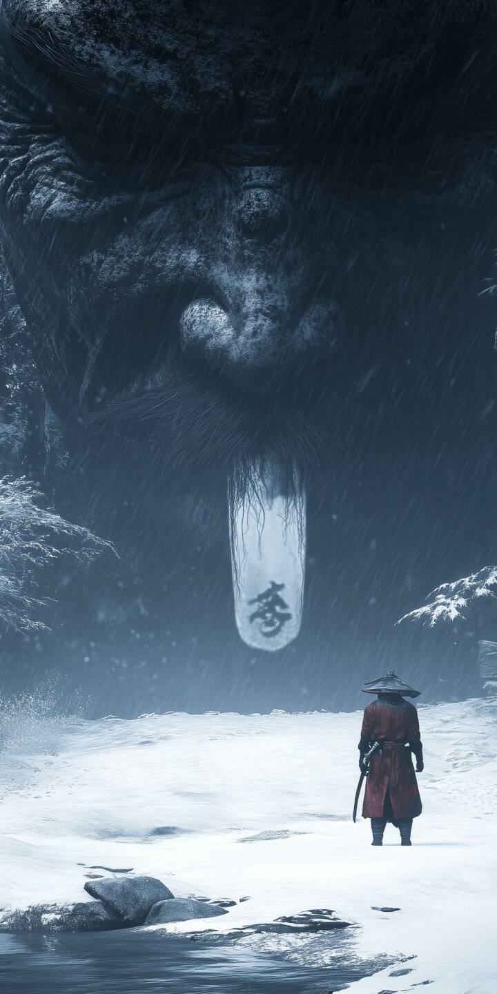 A colossal, ancient stone face with a hanging banner looms ominously over a lone samurai in a snow-laden landscape, evoking a sense of ancient mystery in this dark fantasy 4K wallpaper. It's an essential, dramatic wallpaper for your iPhone, perfect for fans of epic lore. | samurai dark snow iphone fantasy japanese wallpaper mobile 4k wallpaper hd wallpaper ronin ominous A colossal, ancient stone face with a hanging banner looms ominously over a lone samurai in a snow-laden landscape, evoking a sense of ancient mystery in this dark fantasy 4K wallpaper. It's an essential, dramatic wallpaper for your iPhone, perfect for fans of epic lore.
