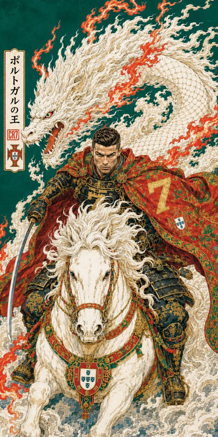 Cristiano Ronaldo, clad in magnificent samurai armor with a flowing red cape emblazoned with '7', rides a majestic white horse while a fierce white dragon breathes fire behind him in this stunning 4K wallpaper. This epic Japanese-style wallpaper is a must-have for any iPhone showcasing the football legend. | football samurai dragon iphone ronaldo wallpaper cr7 cristiano ronaldo mobile japanese art 4k wallpaper hd wallpaper Cristiano Ronaldo, clad in magnificent samurai armor with a flowing red cape emblazoned with '7', rides a majestic white horse while a fierce white dragon breathes fire behind him in this stunning 4K wallpaper. This epic Japanese-style wallpaper is a must-have for any iPhone showcasing the football legend.