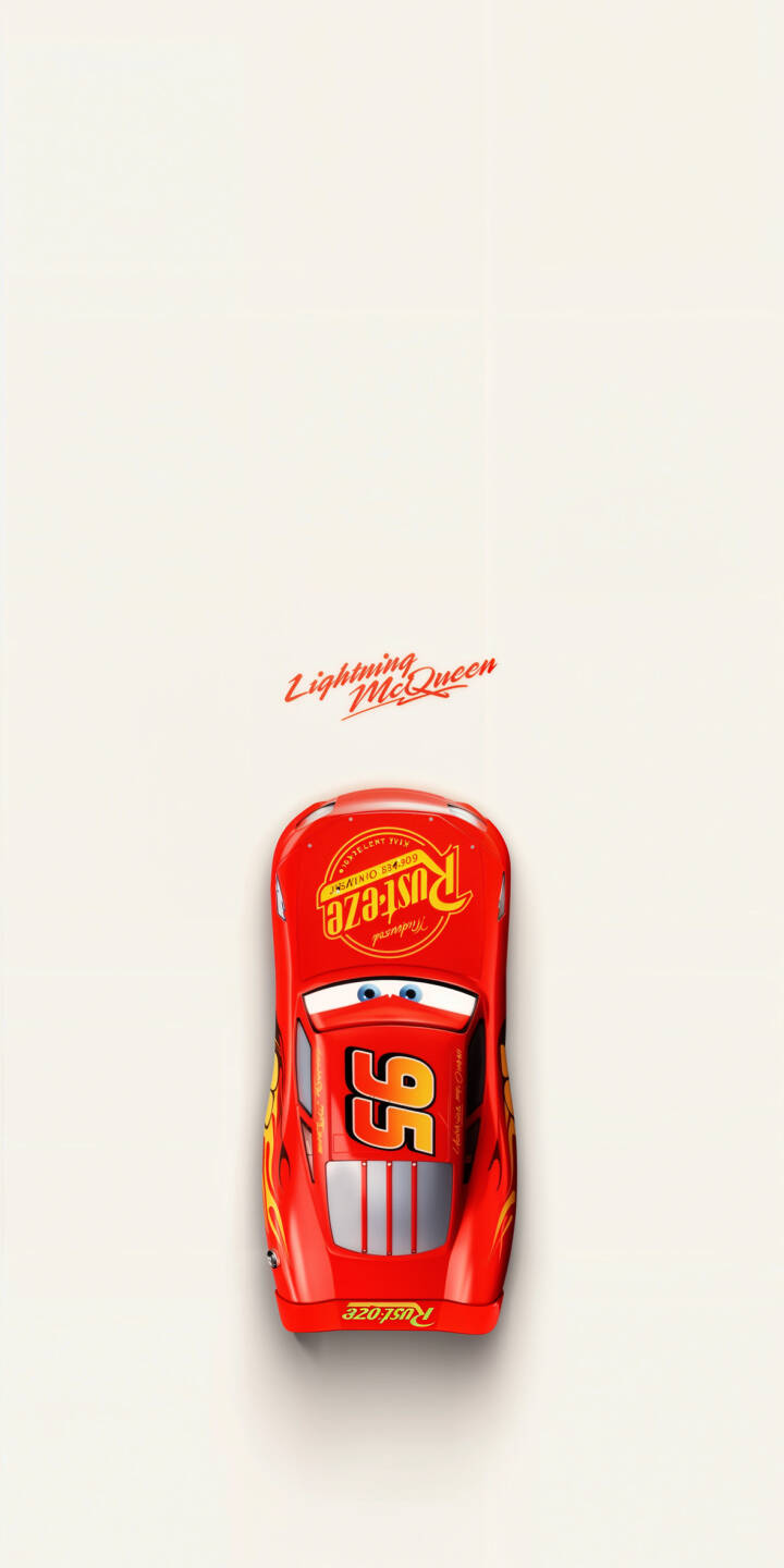 The bright red Lightning McQueen race car, with its iconic "95" and "Rust-eze" sponsorship logos, stands out vividly in this clean, top-down 4K wallpaper; a perfect iPhone wallpaper for fans of the Cars movie. | iphone mcqueen minimalist wallpaper cars mobile red car 4k wallpaper hd wallpaper number 95 lightning mcqueen disney pixar The bright red Lightning McQueen race car, with its iconic "95" and "Rust-eze" sponsorship logos, stands out vividly in this clean, top-down 4K wallpaper; a perfect iPhone wallpaper for fans of the Cars movie.