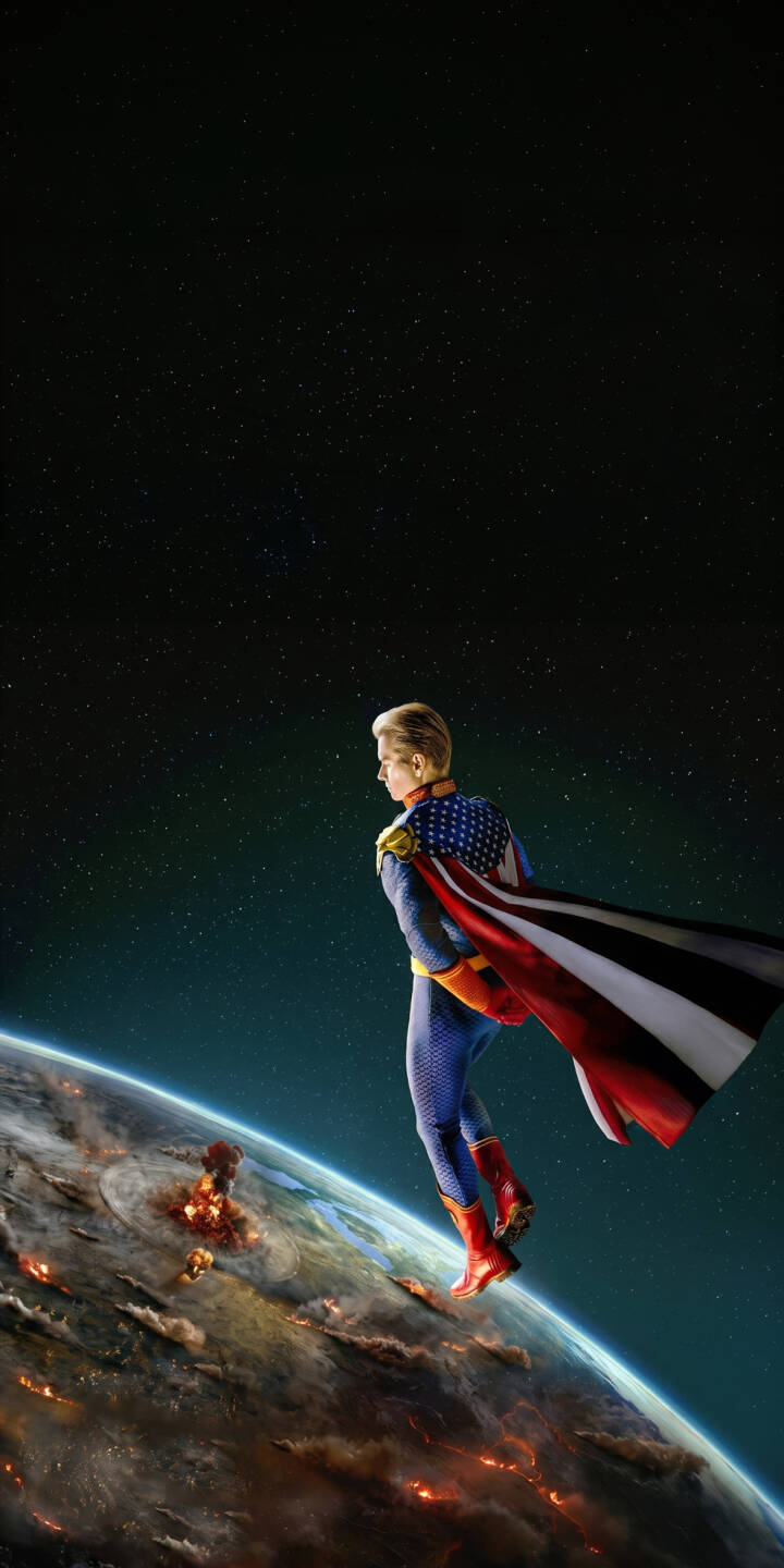 Homelander surveys a devastated Earth from space, his iconic American flag cape billowing in this chilling 4K wallpaper. This powerful wallpaper is perfect for iPhone users who appreciate the dark aesthetic of The Boys. | the boys superhero space earth destruction homelander iphone villain wallpaper mobile 4k wallpaper hd wallpaper Homelander surveys a devastated Earth from space, his iconic American flag cape billowing in this chilling 4K wallpaper. This powerful wallpaper is perfect for iPhone users who appreciate the dark aesthetic of The Boys.
