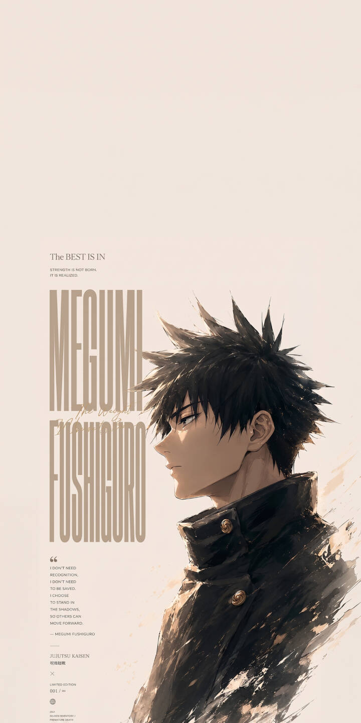 Megumi Fushiguro's sharp, determined gaze is framed by his iconic spiky black hair and dark uniform in this striking 4K minimalist wallpaper for iPhone. This anime-style wallpaper beautifully blends textual elements with the character art, making it a perfect aesthetic choice. | aesthetic anime iphone minimalist wallpaper cool mobile 4k wallpaper hd wallpaper jujutsu kaisen megumi fushiguro fushiguro Megumi Fushiguro's sharp, determined gaze is framed by his iconic spiky black hair and dark uniform in this striking 4K minimalist wallpaper for iPhone. This anime-style wallpaper beautifully blends textual elements with the character art, making it a perfect aesthetic choice.