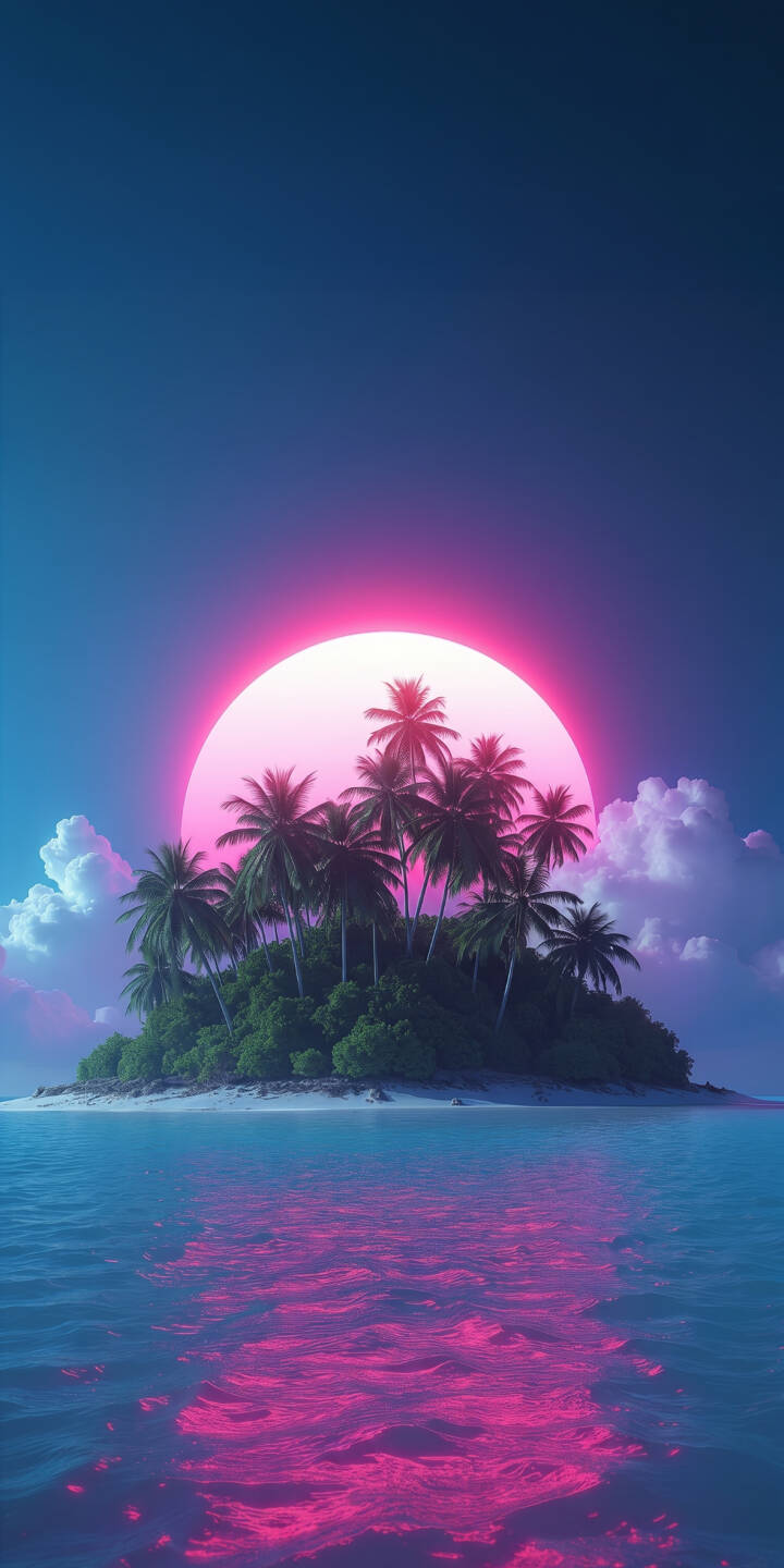 A vivid fuchsia sun bathes a tranquil tropical island, complete with swaying palm trees, in a breathtaking glow, reflecting intensely across the calm blue water in this stunning 4K wallpaper — an ideal aesthetic wallpaper for iPhone. | aesthetic sunset neon iphone synthwave ocean wallpaper mobile palm trees 4k wallpaper hd wallpaper tropical island A vivid fuchsia sun bathes a tranquil tropical island, complete with swaying palm trees, in a breathtaking glow, reflecting intensely across the calm blue water in this stunning 4K wallpaper — an ideal aesthetic wallpaper for iPhone.