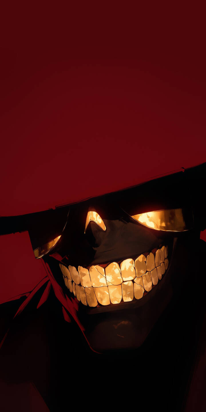 The unsettling golden eyes and cracked, radiant teeth of a shadowy figure with a broad dark hat emerge from a deep crimson background in this eerie 4K wallpaper. This captivating digital art creates a menacing yet alluring wallpaper perfect for your iPhone screen. | iphone wallpaper horror mobile 4k wallpaper hd wallpaper red aesthetic glowing eyes dark art eerie golden smile The unsettling golden eyes and cracked, radiant teeth of a shadowy figure with a broad dark hat emerge from a deep crimson background in this eerie 4K wallpaper. This captivating digital art creates a menacing yet alluring wallpaper perfect for your iPhone screen.