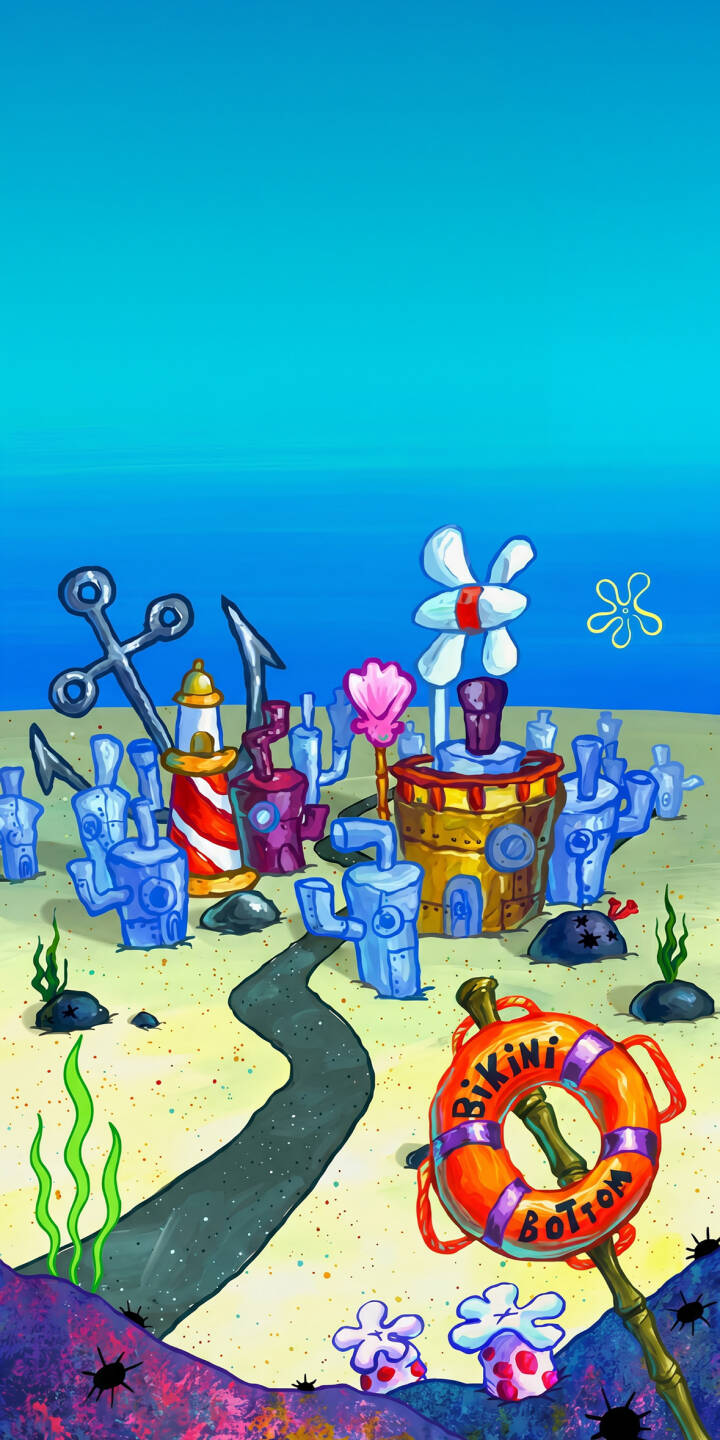 The iconic 'Bikini Bottom' lifebuoy floats prominently in the foreground, guiding the eye through a whimsical underwater path lined with colorful, pipe-like buildings and a recognizable golden restaurant structure in this vibrant 4K wallpaper. This charming cartoon scene is a perfect wallpaper for any Spongebob Squarepants fan's iPhone. | cartoon spongebob underwater bikini bottom iphone wallpaper vibrant mobile spongebob squarepants 4k wallpaper hd wallpaper nickelodeon The iconic 'Bikini Bottom' lifebuoy floats prominently in the foreground, guiding the eye through a whimsical underwater path lined with colorful, pipe-like buildings and a recognizable golden restaurant structure in this vibrant 4K wallpaper. This charming cartoon scene is a perfect wallpaper for any Spongebob Squarepants fan's iPhone.