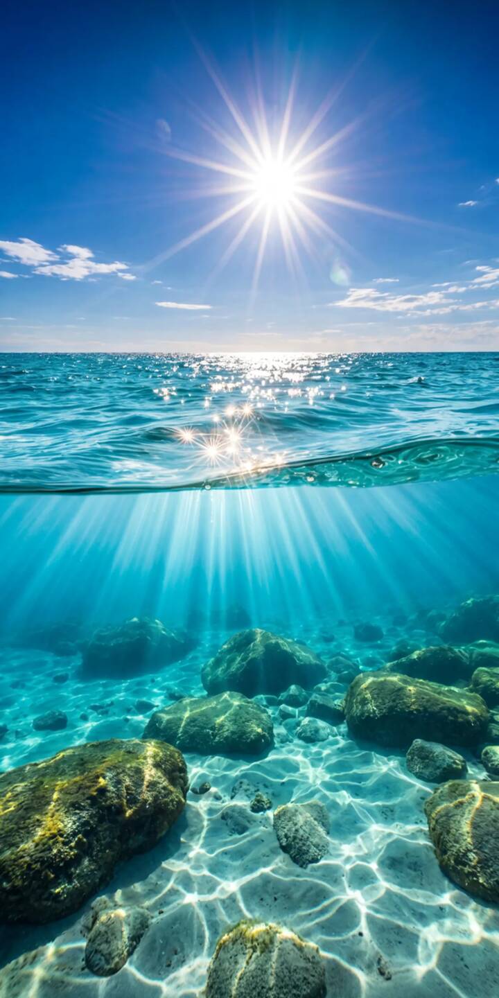 The dazzling sun beams brightly over a crystal-clear ocean surface, creating a stunning split-level view that reveals submerged rocks and ethereal sun rays beneath the water in this captivating 4K wallpaper. This breathtaking ocean wallpaper is perfect for personalizing your iPhone. | underwater iphone nature ocean wallpaper tropical mobile clear water 4k wallpaper hd wallpaper sun rays serene The dazzling sun beams brightly over a crystal-clear ocean surface, creating a stunning split-level view that reveals submerged rocks and ethereal sun rays beneath the water in this captivating 4K wallpaper. This breathtaking ocean wallpaper is perfect for personalizing your iPhone.