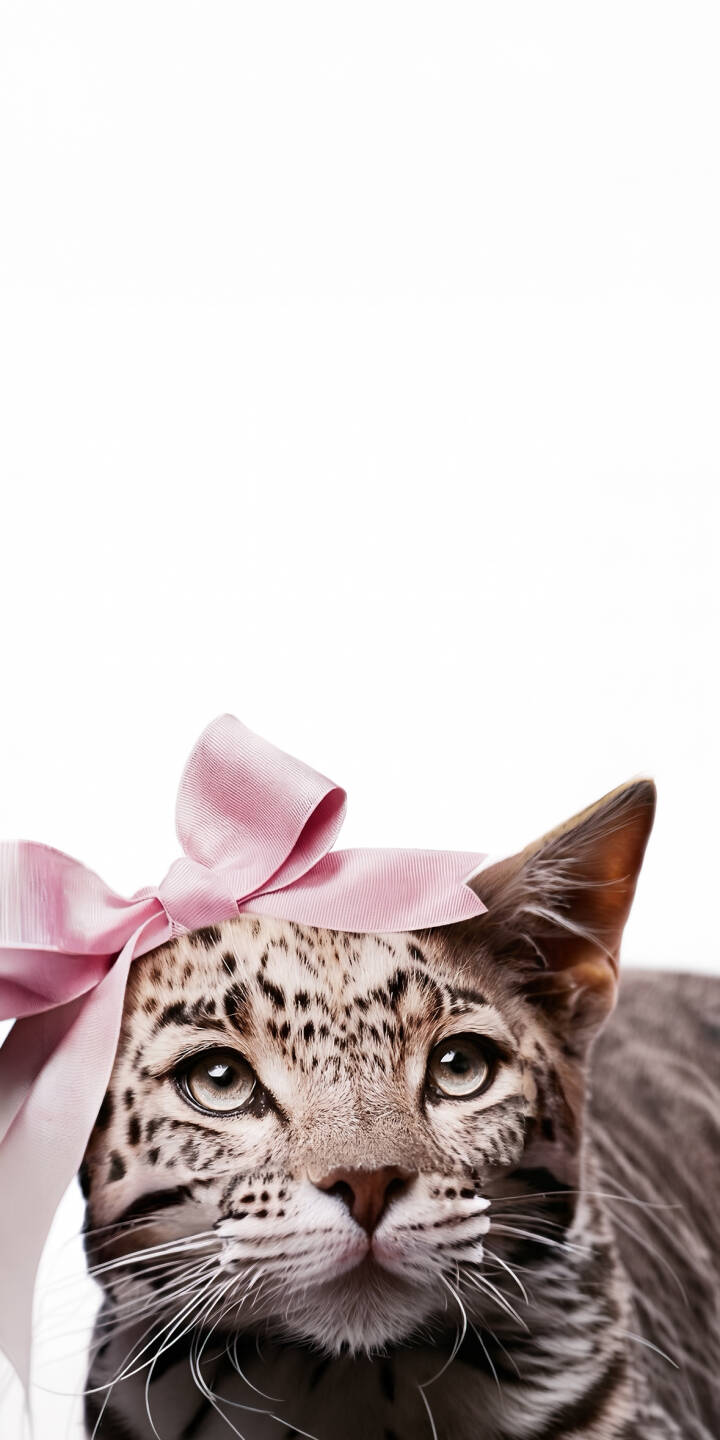 A charming pink bow adorns the head of this spotted feline, whose large, expressive eyes gaze upwards in this captivating 4K wallpaper for iPhone. This adorable wallpaper perfectly blends cuteness with minimalist elegance. | animal cat cute iphone minimalist wallpaper mobile 4k wallpaper hd wallpaper pink bow feline spotted cat A charming pink bow adorns the head of this spotted feline, whose large, expressive eyes gaze upwards in this captivating 4K wallpaper for iPhone. This adorable wallpaper perfectly blends cuteness with minimalist elegance.