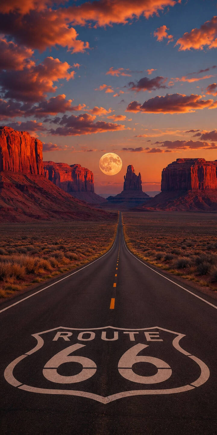 Vibrant orange clouds illuminate the sky above an endless desert highway in this stunning 4K wallpaper, featuring the iconic Route 66 shield painted on the asphalt and a brilliant full moon hovering over towering red rock formations - an ideal iPhone wallpaper. | landscape sunset desert moon travel iphone wallpaper mobile 4k wallpaper hd wallpaper route 66 red rock Vibrant orange clouds illuminate the sky above an endless desert highway in this stunning 4K wallpaper, featuring the iconic Route 66 shield painted on the asphalt and a brilliant full moon hovering over towering red rock formations - an ideal iPhone wallpaper.
