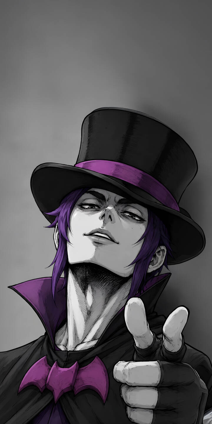 A character with piercing eyes and a smug expression gestures forward in this stylish monochrome and purple Jester wallpaper. Featuring his distinctive top hat, purple-accented attire, and confident pose, this striking 4K wallpaper is perfect for any iPhone. | aesthetic dark purple anime iphone wallpaper mobile 4k wallpaper hd wallpaper top hat jester smug A character with piercing eyes and a smug expression gestures forward in this stylish monochrome and purple Jester wallpaper. Featuring his distinctive top hat, purple-accented attire, and confident pose, this striking 4K wallpaper is perfect for any iPhone.