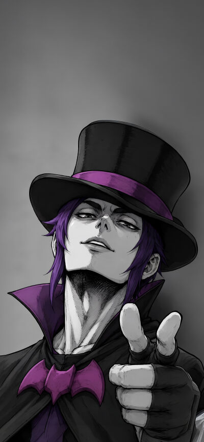 Grayscale characters with striking purple and pink accents make up this dynamic 4K Brawl Stars x Jester matching wallpaper, perfect for syncing across six iPhone screens. Each stylized character, from the sly jester to the enigmatic top hat figure, gazes with an intense expression, completing a seamless wallpaper experience.