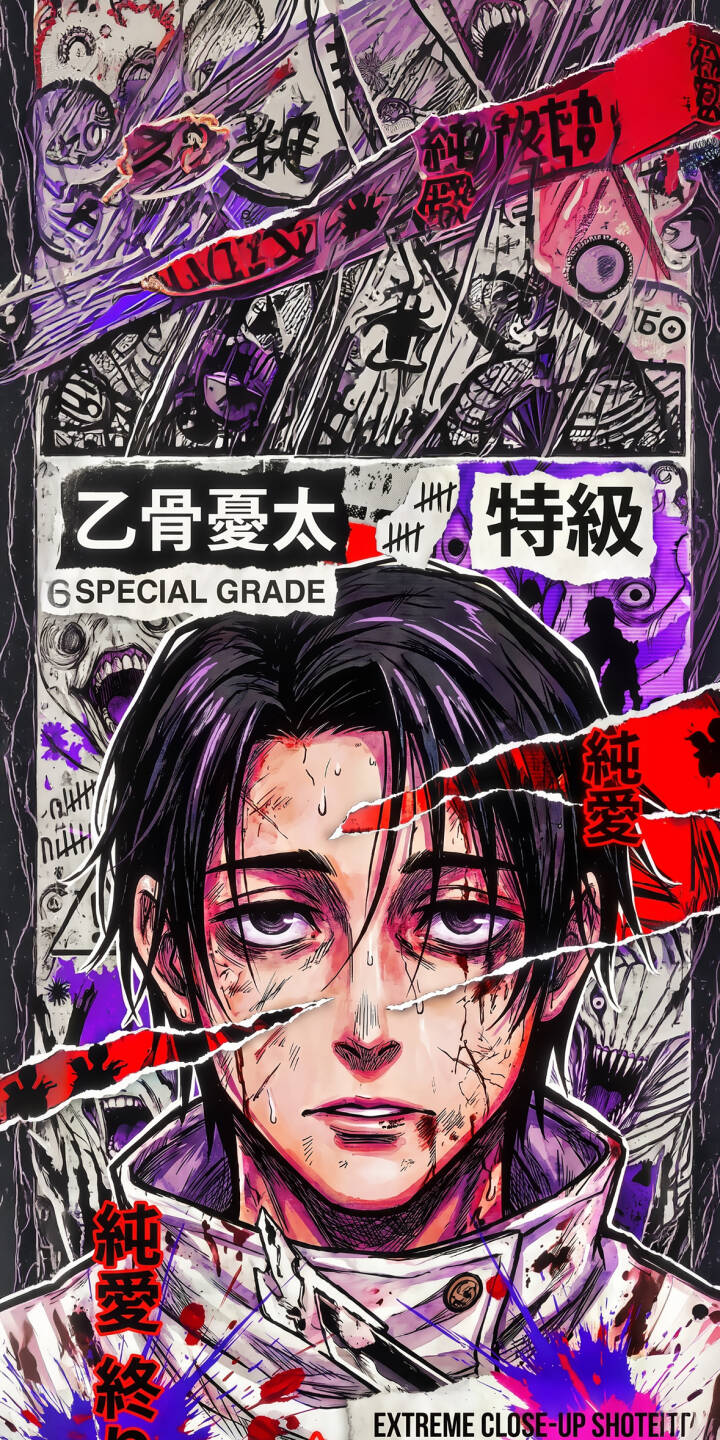 Yuta Okkotsu's blood-splattered face and weary, determined eyes dominate this intense 4K wallpaper, set against a chaotic grunge background filled with torn red and purple text. This gripping wallpaper makes a perfect high-resolution choice for your iPhone. | anime iphone wallpaper mobile 4k wallpaper hd wallpaper dark aesthetic gritty manga art special grade jujutsu kaisen yuta okkotsu Yuta Okkotsu's blood-splattered face and weary, determined eyes dominate this intense 4K wallpaper, set against a chaotic grunge background filled with torn red and purple text. This gripping wallpaper makes a perfect high-resolution choice for your iPhone.