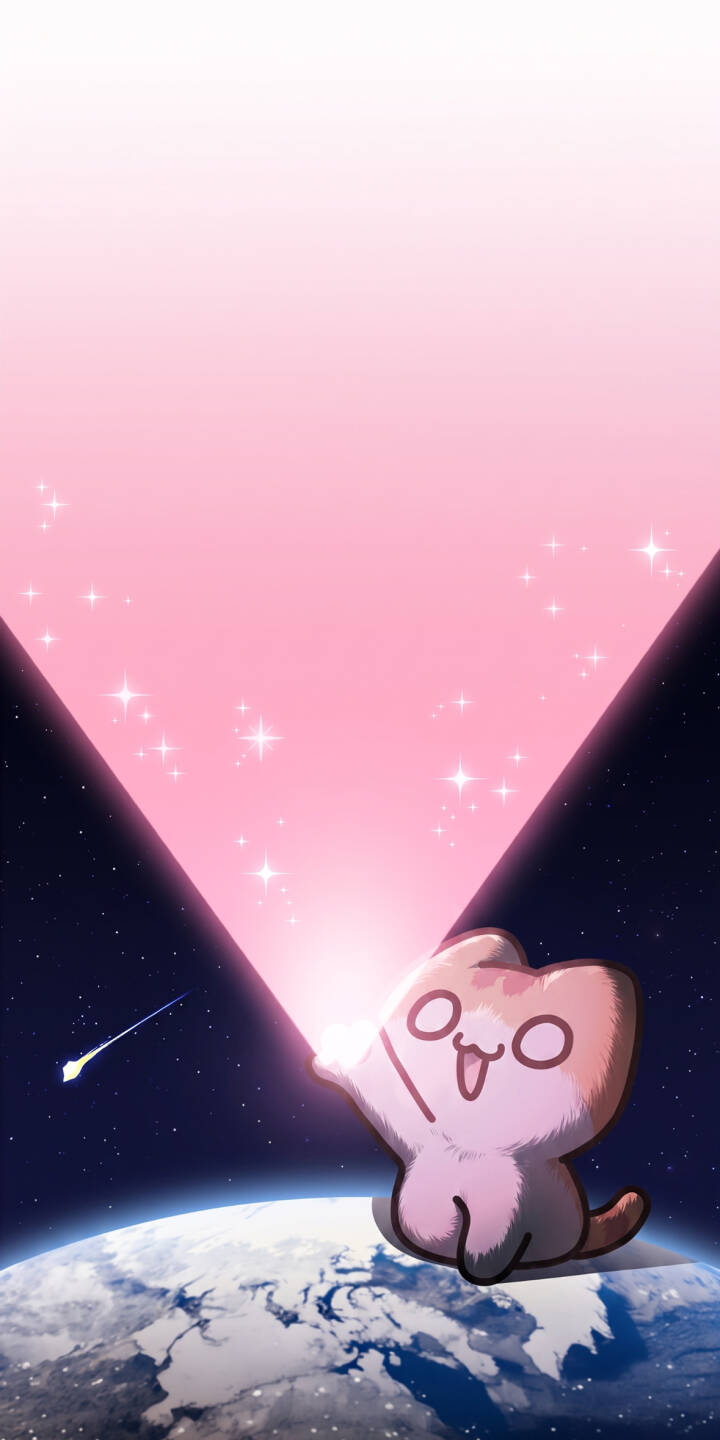 A whimsical cartoon cat radiates a soft pink glow into the starry cosmos, joyfully waving from atop Earth with a tiny shining star in hand in this adorable 4K wallpaper. This charming wallpaper is perfect for iPhone, capturing a distant shooting star against the vast, dark expanse. | pink cat space iphone stars wallpaper mobile cute cat kawaii 4k wallpaper hd wallpaper cosmic A whimsical cartoon cat radiates a soft pink glow into the starry cosmos, joyfully waving from atop Earth with a tiny shining star in hand in this adorable 4K wallpaper. This charming wallpaper is perfect for iPhone, capturing a distant shooting star against the vast, dark expanse.