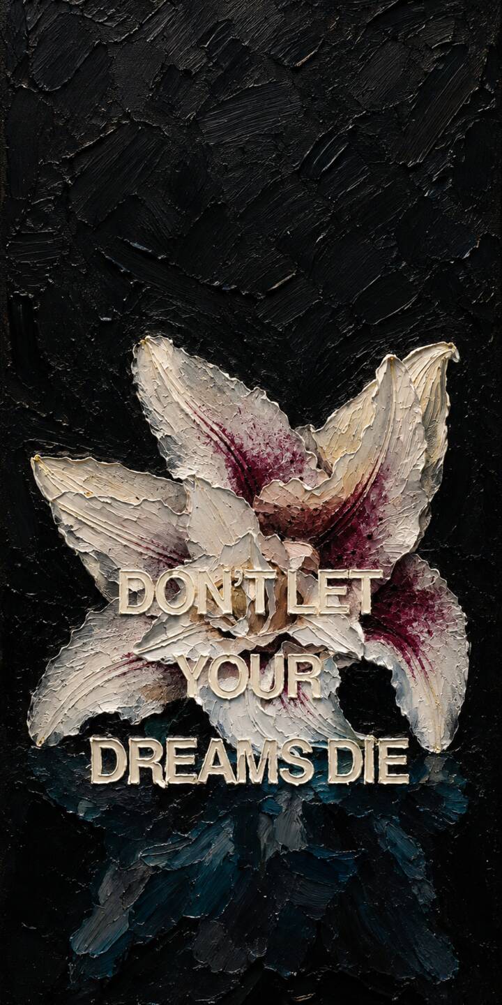 Bold impasto strokes form a dramatic dark background for this white and purple lily-like flower, overlaid with the powerful motivational text 'Don't Let Your Dreams Die' in this inspiring 4K wallpaper. This stunning artistic wallpaper is perfect for any iPhone, adding a deep and reflective aesthetic to your mobile device. | flower motivational iphone wallpaper oil painting mobile 4k wallpaper hd wallpaper dark aesthetic inspirational quote impasto dreams Bold impasto strokes form a dramatic dark background for this white and purple lily-like flower, overlaid with the powerful motivational text 'Don't Let Your Dreams Die' in this inspiring 4K wallpaper. This stunning artistic wallpaper is perfect for any iPhone, adding a deep and reflective aesthetic to your mobile device.