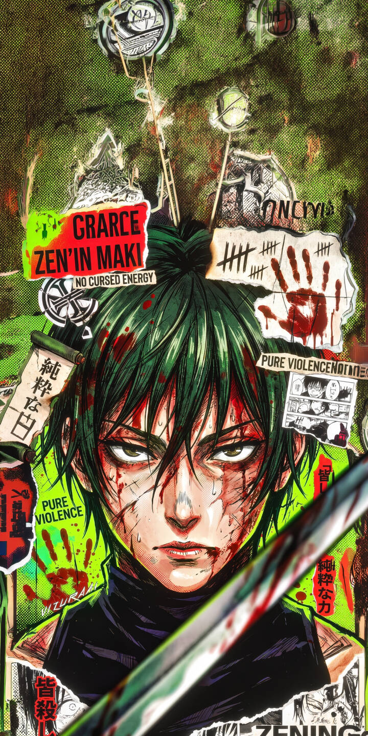 Blood stains Maki Zen'in's resolute face and green hair as she stares intently, her blade partially visible, in this gritty 4K wallpaper — a fierce look perfect for any iPhone. | aesthetic sword dark anime iphone wallpaper mobile bloody 4k wallpaper hd wallpaper maki zenin jujutsu kaisen Blood stains Maki Zen'in's resolute face and green hair as she stares intently, her blade partially visible, in this gritty 4K wallpaper — a fierce look perfect for any iPhone.