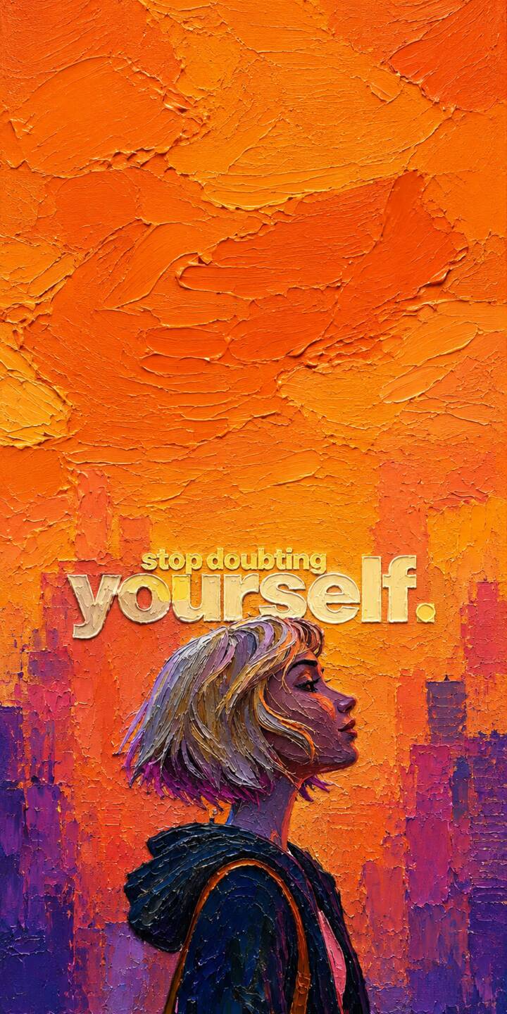 The powerful message "stop doubting yourself" gleams in golden, textured lettering against a vibrant impasto cityscape in this motivational 4K wallpaper, perfectly capturing a serene woman in profile for your iPhone wallpaper collection. | woman quote motivation iphone wallpaper vibrant mobile 4k wallpaper hd wallpaper inspiration textured impasto The powerful message "stop doubting yourself" gleams in golden, textured lettering against a vibrant impasto cityscape in this motivational 4K wallpaper, perfectly capturing a serene woman in profile for your iPhone wallpaper collection.