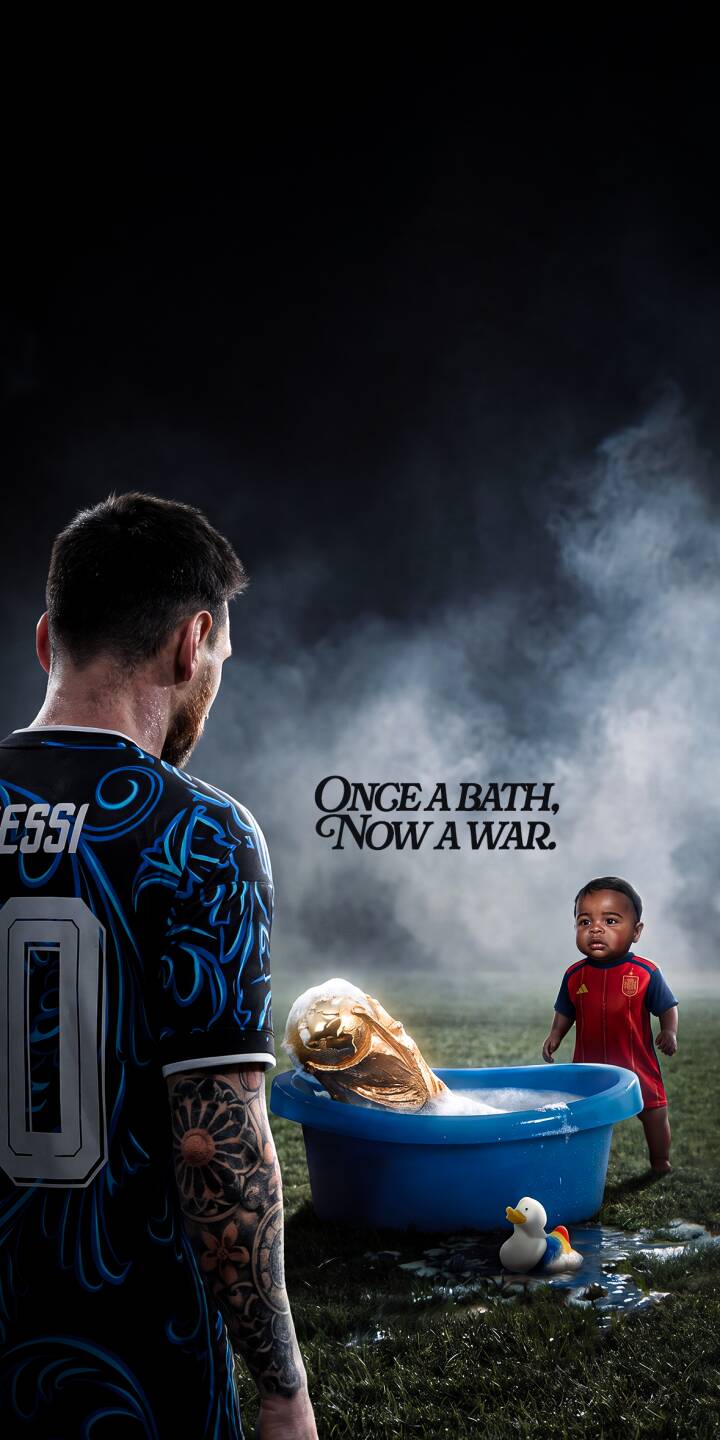 Messi's detailed tattooed arm is prominently visible as he gazes upon the World Cup trophy nestled in a blue baby bathtub, with a small child standing nearby, in this profound 4K wallpaper. This compelling scene, hinting at a journey from innocence to glory, makes an impactful wallpaper for iPhone. | football iphone messi wallpaper lionel messi mobile 4k wallpaper hd wallpaper world cup dramatic symbolic baby bath Messi's detailed tattooed arm is prominently visible as he gazes upon the World Cup trophy nestled in a blue baby bathtub, with a small child standing nearby, in this profound 4K wallpaper. This compelling scene, hinting at a journey from innocence to glory, makes an impactful wallpaper for iPhone.