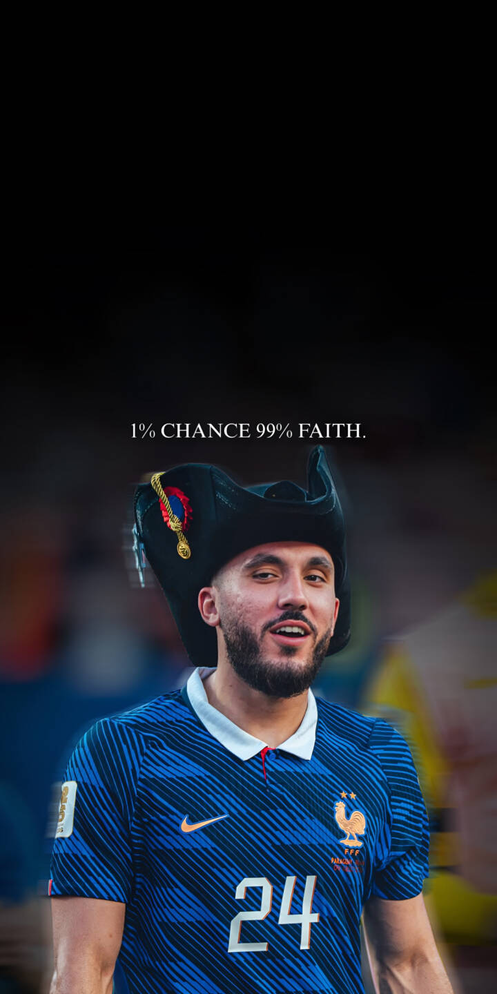 The inspirational "1% CHANCE 99% FAITH" quote prominently displayed above Randal Kolo Muani, who sports a distinctive Napoleonic-style hat and a confident smile in his French national team jersey number 24. This stunning 4K wallpaper for iPhone brilliantly captures the spirit of faith, making it an essential download for any football fan's device. | sports football iphone wallpaper mobile rayan cherki 4k wallpaper hd wallpaper faith quote cherki french football randal kolo muani napoleonic hat The inspirational "1% CHANCE 99% FAITH" quote prominently displayed above Randal Kolo Muani, who sports a distinctive Napoleonic-style hat and a confident smile in his French national team jersey number 24. This stunning 4K wallpaper for iPhone brilliantly captures the spirit of faith, making it an essential download for any football fan's device.