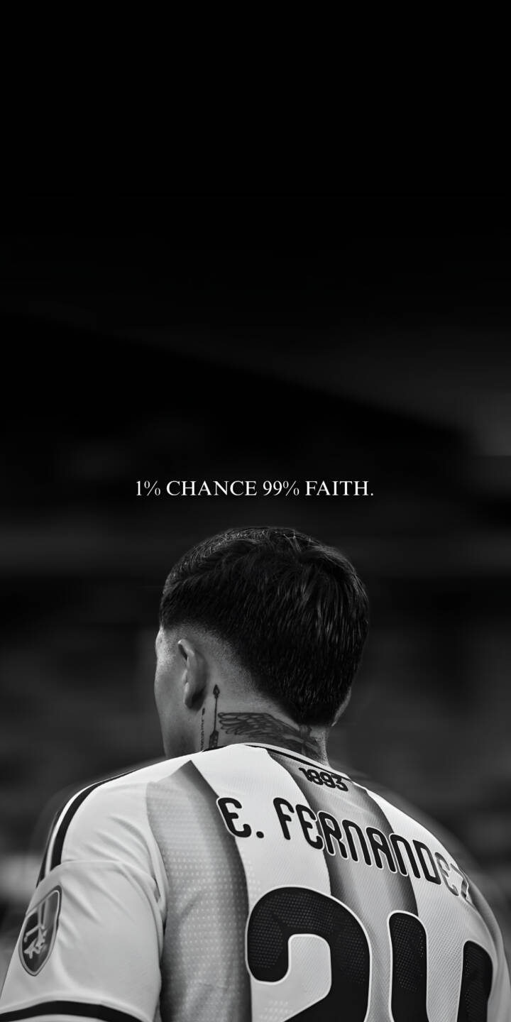 The powerful quote "1% CHANCE 99% FAITH." sits above Enzo Fernández in this striking black and white 4K wallpaper, capturing the dedicated football player from behind with his distinctive neck tattoo visible on his jersey-clad back. This inspirational wallpaper is a perfect download for iPhone users seeking motivation. | football iphone soccer wallpaper black and white mobile 4k wallpaper hd wallpaper inspiration faith quote enzo fernandez The powerful quote "1% CHANCE 99% FAITH." sits above Enzo Fernández in this striking black and white 4K wallpaper, capturing the dedicated football player from behind with his distinctive neck tattoo visible on his jersey-clad back. This inspirational wallpaper is a perfect download for iPhone users seeking motivation.