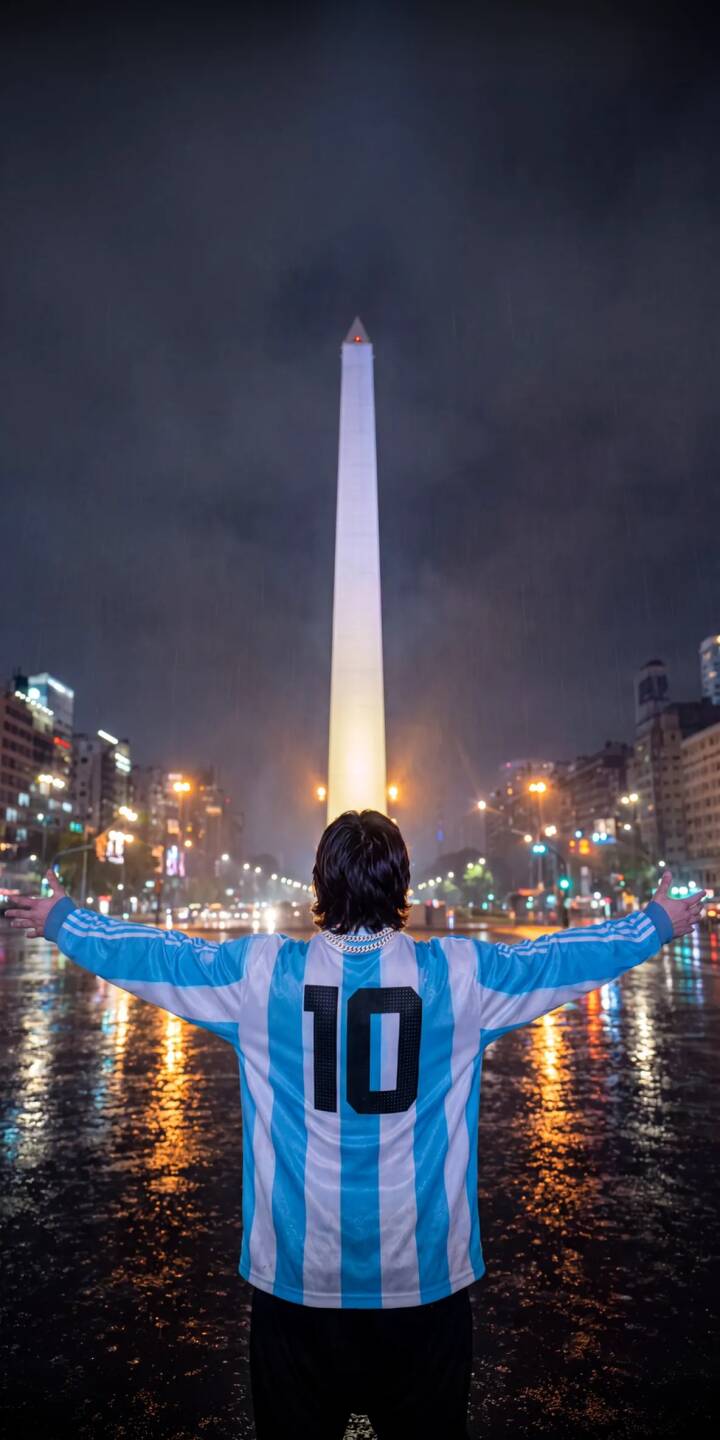 Rain-slicked streets vividly reflect the vibrant city lights as Lionel Messi, back to the camera with arms outstretched in his #10 Argentina jersey, celebrates before Buenos Aires' iconic Obelisco in this stunning 4K wallpaper; an unmissable iPhone wallpaper for football fans. | rainy celebration iphone argentina soccer wallpaper lionel messi mobile 4k wallpaper hd wallpaper night city obelisco Rain-slicked streets vividly reflect the vibrant city lights as Lionel Messi, back to the camera with arms outstretched in his #10 Argentina jersey, celebrates before Buenos Aires' iconic Obelisco in this stunning 4K wallpaper; an unmissable iPhone wallpaper for football fans.