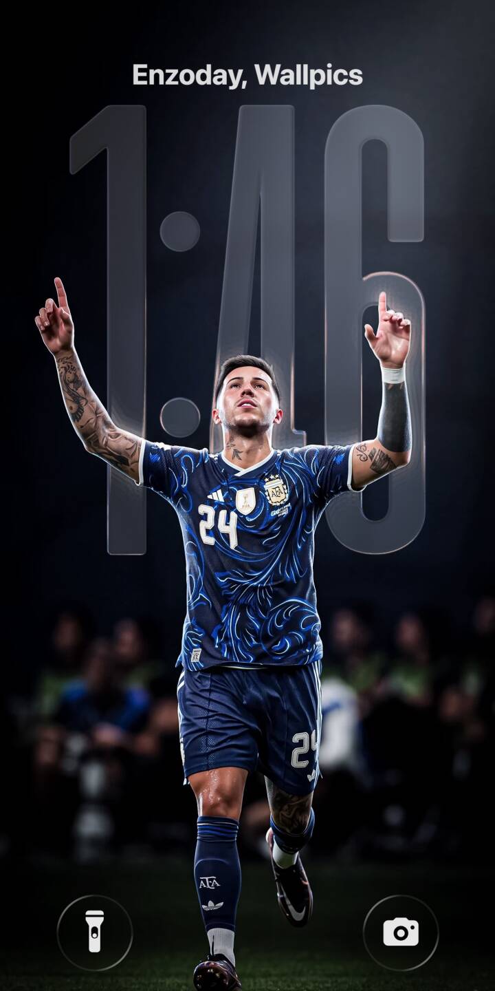 Enzo Fernández raises his arms in triumph, displaying his intricate tattoos and the stylish blue and white patterns of his number 24 Argentina jersey in this dynamic 4K wallpaper. This spirited football wallpaper is an essential capture for any iPhone. | football athletic player celebration iphone argentina soccer wallpaper mobile 4k wallpaper hd wallpaper enzo fernandez Enzo Fernández raises his arms in triumph, displaying his intricate tattoos and the stylish blue and white patterns of his number 24 Argentina jersey in this dynamic 4K wallpaper. This spirited football wallpaper is an essential capture for any iPhone.