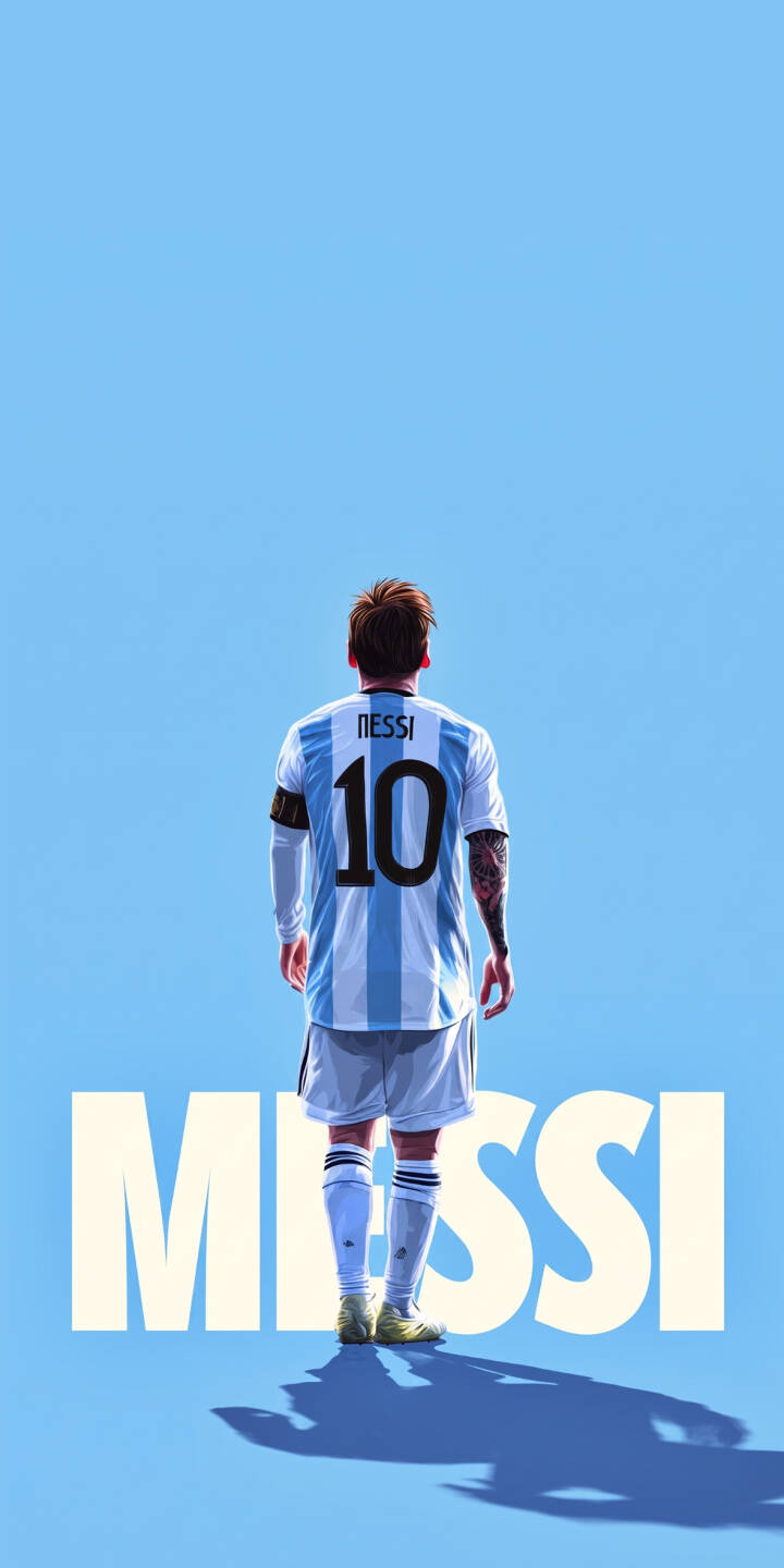 Lionel Messi's iconic number 10 Argentina kit is prominently displayed from the back, set against a serene light blue background, creating a captivating 4K wallpaper. This stunning visual, complete with his arm tattoos and the bold 'MESSI' typography below, makes an ideal, minimalist wallpaper for any iPhone. | sports football iphone messi argentina minimalist wallpaper lionel messi mobile 4k wallpaper hd wallpaper iconic Lionel Messi's iconic number 10 Argentina kit is prominently displayed from the back, set against a serene light blue background, creating a captivating 4K wallpaper. This stunning visual, complete with his arm tattoos and the bold 'MESSI' typography below, makes an ideal, minimalist wallpaper for any iPhone.