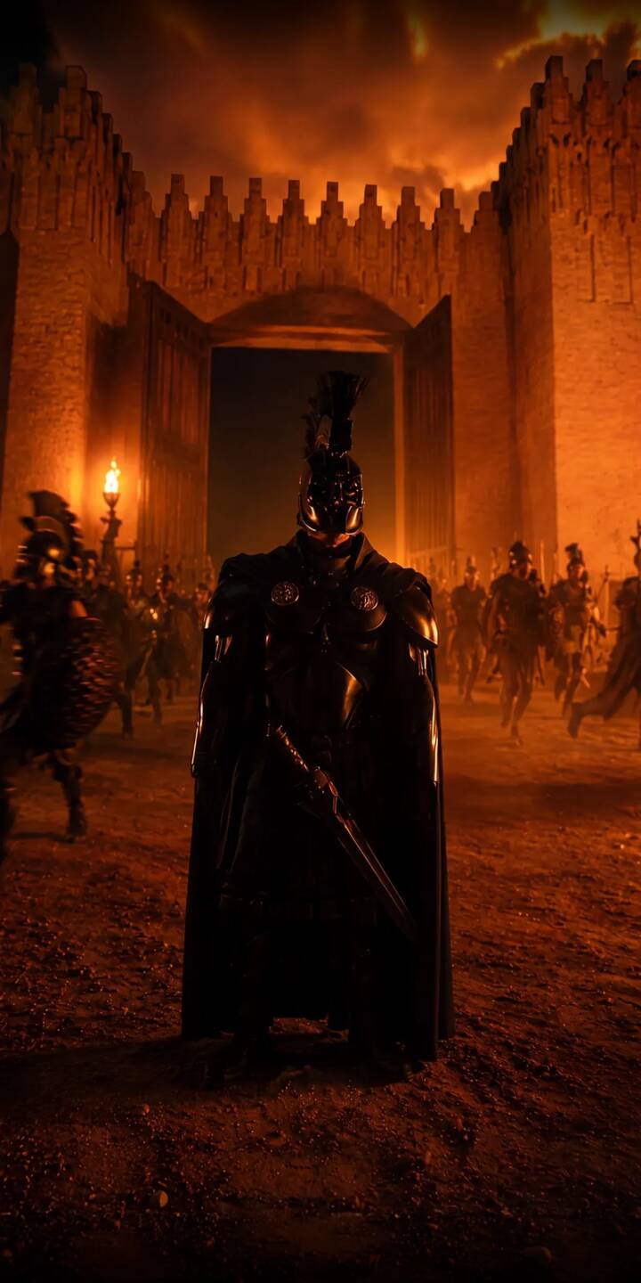 The towering stone gate stands under a fiery orange sky, as a dark armored warrior with a distinctive plumed helmet holds his weapon, creating an epic 4K wallpaper for iPhone — a must-have wallpaper for enthusiasts of dark fantasy themes. | warrior armor medieval iphone fantasy wallpaper dark knight mobile 4k wallpaper hd wallpaper epic ominous The towering stone gate stands under a fiery orange sky, as a dark armored warrior with a distinctive plumed helmet holds his weapon, creating an epic 4K wallpaper for iPhone — a must-have wallpaper for enthusiasts of dark fantasy themes.
