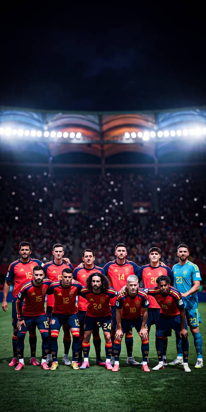 The proud Spain national football team, clad in their iconic red kits, stands united on the vibrant green pitch under bright stadium lights in this stunning 4K wallpaper. Perfect for any football enthusiast, this impressive wallpaper will make a striking statement on your iPhone. | sports football stadium iphone soccer team spain wallpaper mobile 4k wallpaper hd wallpaper spanish national team The proud Spain national football team, clad in their iconic red kits, stands united on the vibrant green pitch under bright stadium lights in this stunning 4K wallpaper. Perfect for any football enthusiast, this impressive wallpaper will make a striking statement on your iPhone.