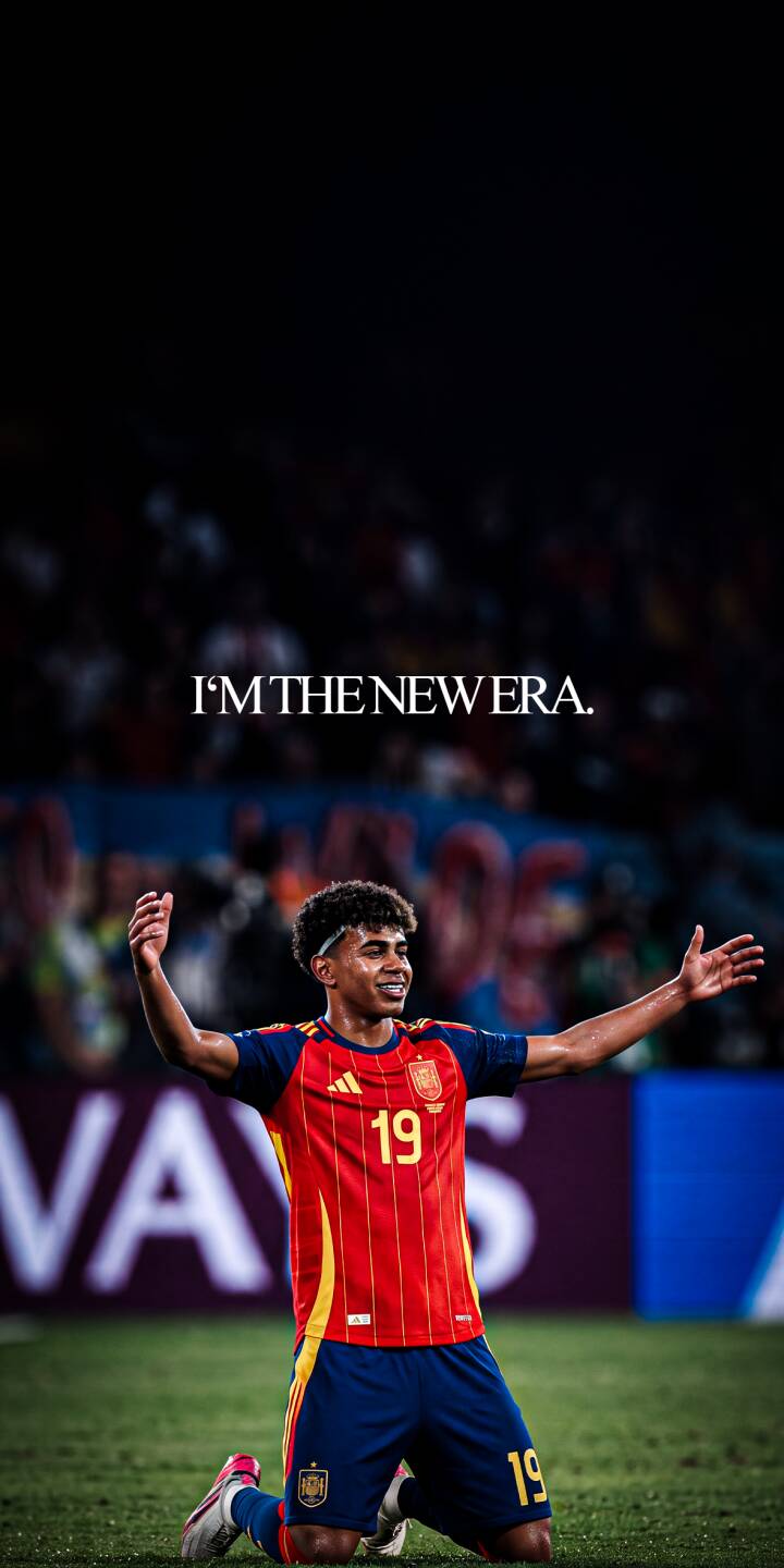 A joyous young Spanish footballer kneels in celebration with arms outstretched on the vibrant green pitch, wearing his distinctive red and yellow kit in this dynamic 4K wallpaper. This powerful moment, featuring the inspiring 'I'M THE NEW ERA' text, makes a perfect football wallpaper for iPhone. | football player celebration iphone soccer spain wallpaper mobile 4k wallpaper hd wallpaper number 19 new era A joyous young Spanish footballer kneels in celebration with arms outstretched on the vibrant green pitch, wearing his distinctive red and yellow kit in this dynamic 4K wallpaper. This powerful moment, featuring the inspiring 'I'M THE NEW ERA' text, makes a perfect football wallpaper for iPhone.