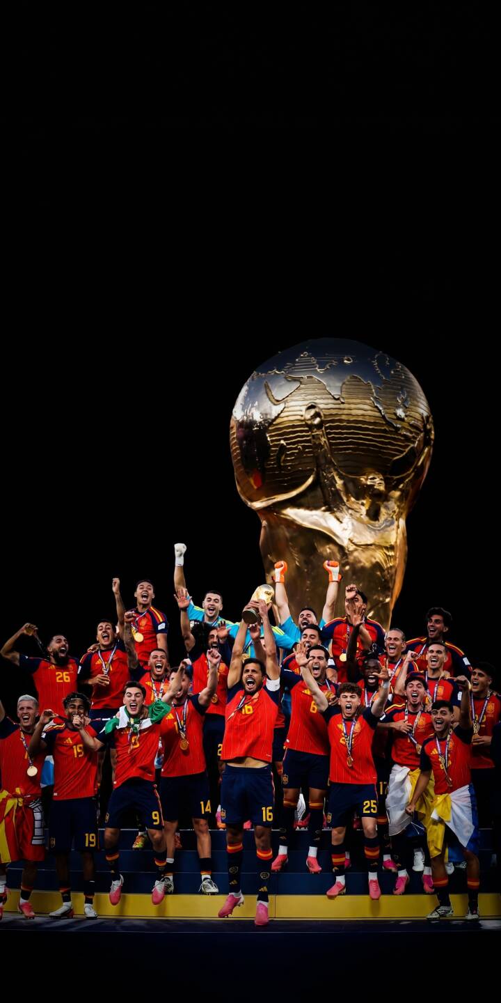 The gleaming FIFA World Cup trophy towers over the jubilant Spanish football team, captured mid-celebration in this vibrant 4K wallpaper for iPhone. This must-have wallpaper showcases the victorious players in their iconic red jerseys, making it a perfect sports wallpaper. | football celebration iphone soccer spain wallpaper champions mobile 4k wallpaper hd wallpaper fifa world cup The gleaming FIFA World Cup trophy towers over the jubilant Spanish football team, captured mid-celebration in this vibrant 4K wallpaper for iPhone. This must-have wallpaper showcases the victorious players in their iconic red jerseys, making it a perfect sports wallpaper.
