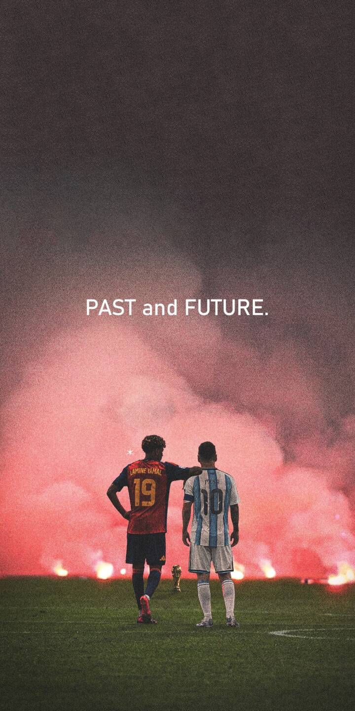 Fiery red flares illuminate Lionel Messi and Lamine Yamal standing together on the pitch under the 'PAST and FUTURE' text in this iconic 4K wallpaper, making it an inspiring wallpaper for any iPhone user. | football iphone messi wallpaper lamine yamal mobile 4k wallpaper hd wallpaper iconic inspirational past and future Fiery red flares illuminate Lionel Messi and Lamine Yamal standing together on the pitch under the 'PAST and FUTURE' text in this iconic 4K wallpaper, making it an inspiring wallpaper for any iPhone user.