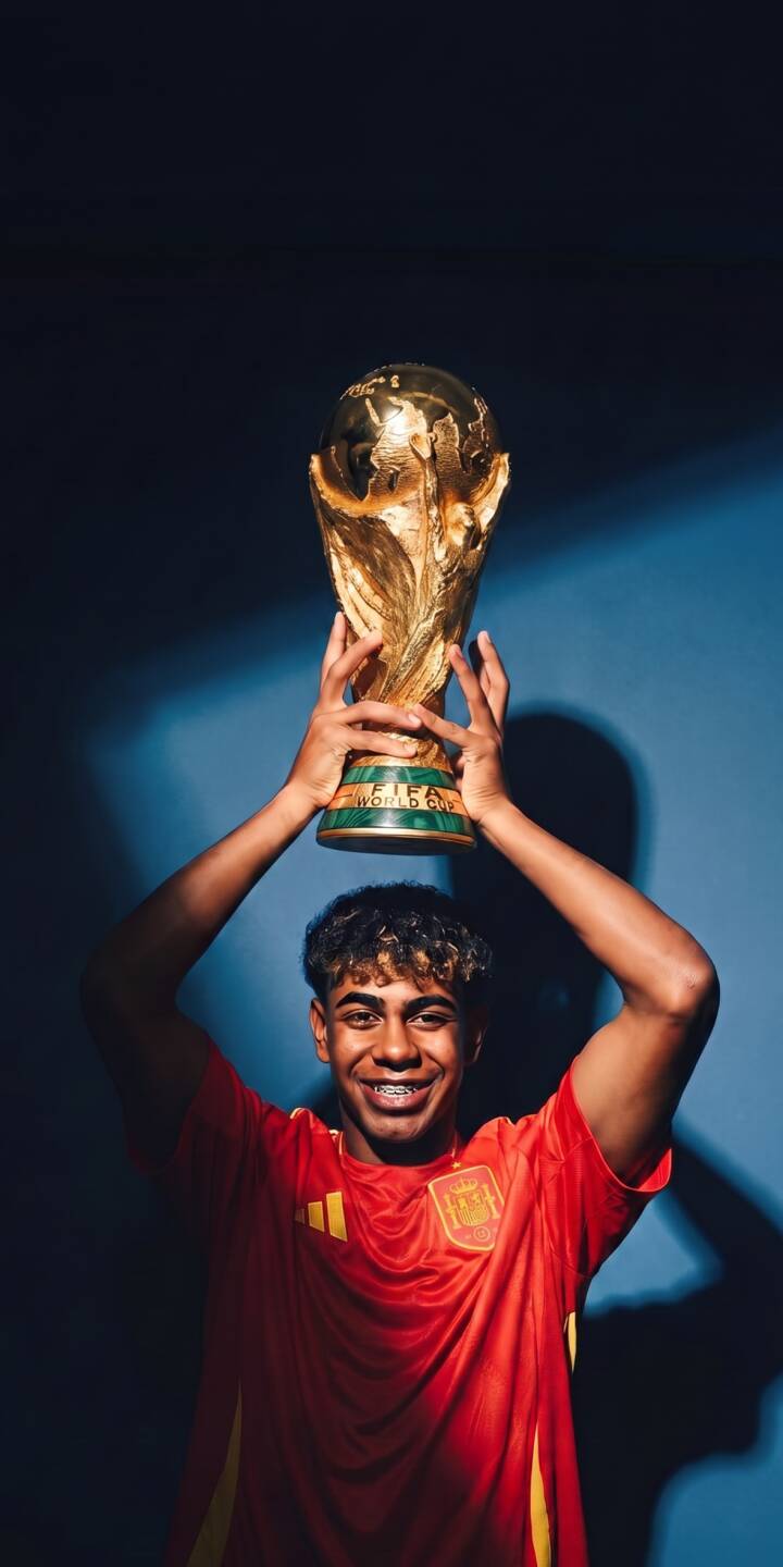 The iconic golden FIFA World Cup trophy gleams overhead as Lamine Yamal, in his red Spain jersey, smiles broadly with braces, creating a victorious 4K wallpaper — a truly inspiring mobile wallpaper for your iPhone. | sports football trophy celebration iphone spain wallpaper mobile 4k wallpaper hd wallpaper fifa world cup The iconic golden FIFA World Cup trophy gleams overhead as Lamine Yamal, in his red Spain jersey, smiles broadly with braces, creating a victorious 4K wallpaper — a truly inspiring mobile wallpaper for your iPhone.