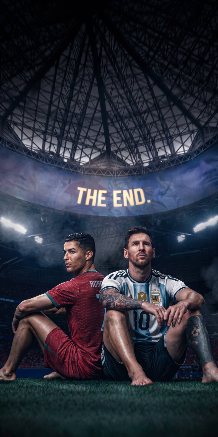The striking "THE END." banner hangs above football legends Cristiano Ronaldo and Lionel Messi, who sit back-to-back on the stadium grass in this highly evocative 4K wallpaper. This powerful scene, capturing their barefoot presence and the dimly lit arena, makes for an iconic iPhone wallpaper. | stadium iphone messi wallpaper cr7 cristiano ronaldo lionel messi mobile the end 4k wallpaper hd wallpaper football legends The striking "THE END." banner hangs above football legends Cristiano Ronaldo and Lionel Messi, who sit back-to-back on the stadium grass in this highly evocative 4K wallpaper. This powerful scene, capturing their barefoot presence and the dimly lit arena, makes for an iconic iPhone wallpaper.