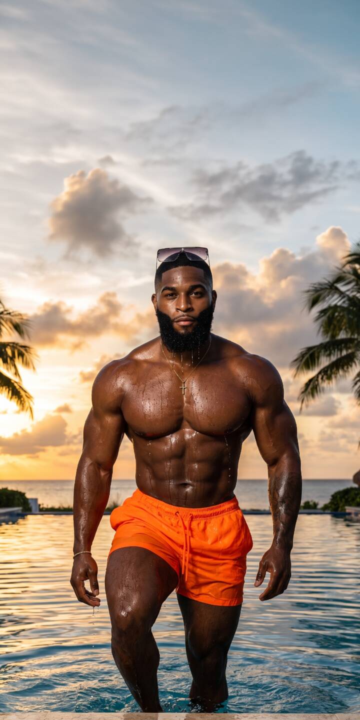 Water glistens on Prosper's powerful physique as he emerges from the pool in vibrant orange shorts, set against a beautiful sunset sky in this stunning 4K wallpaper for iPhone. This impressive wallpaper captures the essence of fitness and an idyllic setting. | sunset bodybuilder iphone wallpaper mobile 4k wallpaper hd wallpaper muscular poolside prosper fitness prosper orange shorts Water glistens on Prosper's powerful physique as he emerges from the pool in vibrant orange shorts, set against a beautiful sunset sky in this stunning 4K wallpaper for iPhone. This impressive wallpaper captures the essence of fitness and an idyllic setting.