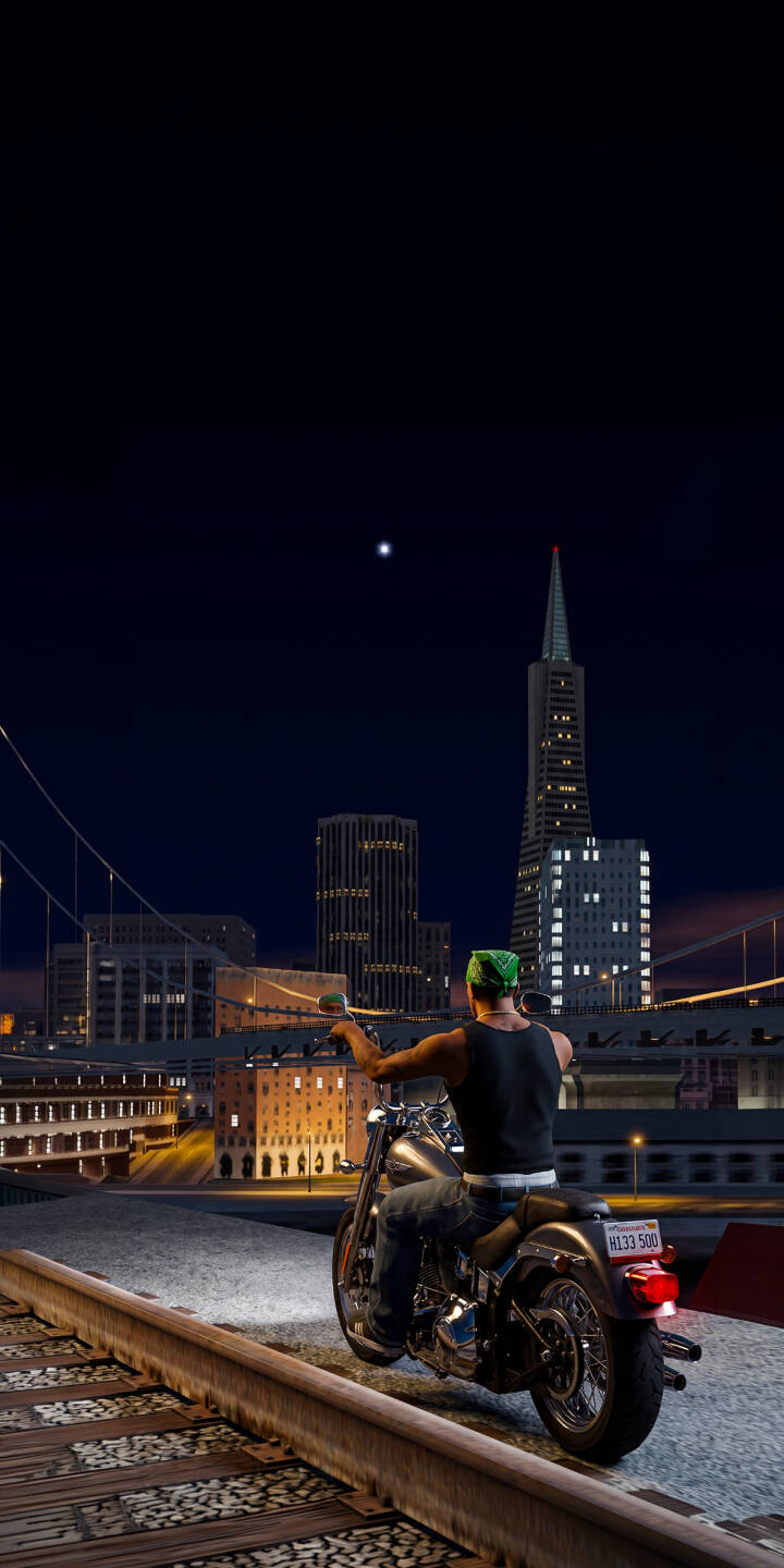 The lone rider, clad in a green bandana, surveys the breathtaking San Francisco-inspired city skyline at night in this vibrant 4K wallpaper — a must-have wallpaper for iPhone fans of the series. | urban night motorcycle iphone gaming wallpaper biker mobile 4k wallpaper hd wallpaper cityscape The lone rider, clad in a green bandana, surveys the breathtaking San Francisco-inspired city skyline at night in this vibrant 4K wallpaper — a must-have wallpaper for iPhone fans of the series.