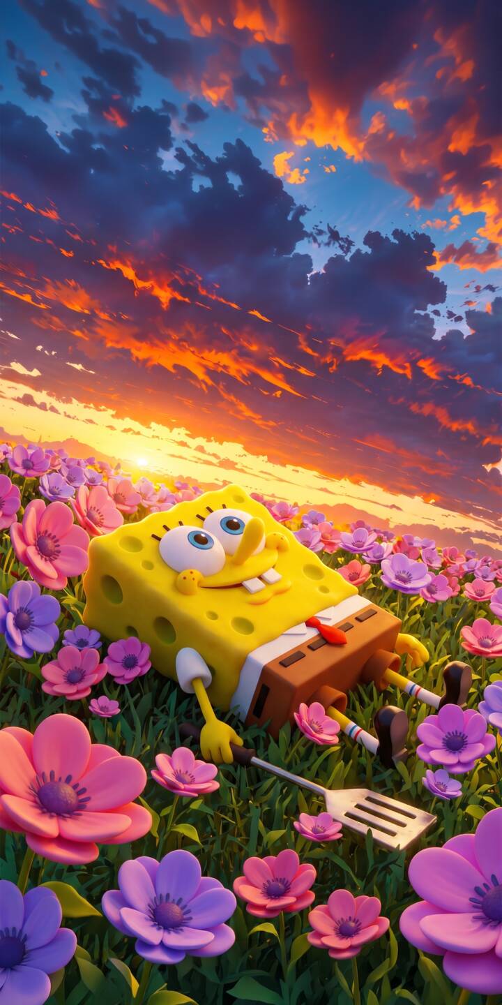 A vibrant orange sunset paints the sky above a smiling Spongebob, who lies happily amidst a lush field of pink and purple flowers in this stunning 4K wallpaper — a perfect mobile wallpaper for iPhone, capturing a whimsical cartoon aesthetic. | cartoon aesthetic flowers spongebob sunset iphone wallpaper vibrant mobile 4k wallpaper hd wallpaper nickelodeon A vibrant orange sunset paints the sky above a smiling Spongebob, who lies happily amidst a lush field of pink and purple flowers in this stunning 4K wallpaper — a perfect mobile wallpaper for iPhone, capturing a whimsical cartoon aesthetic.