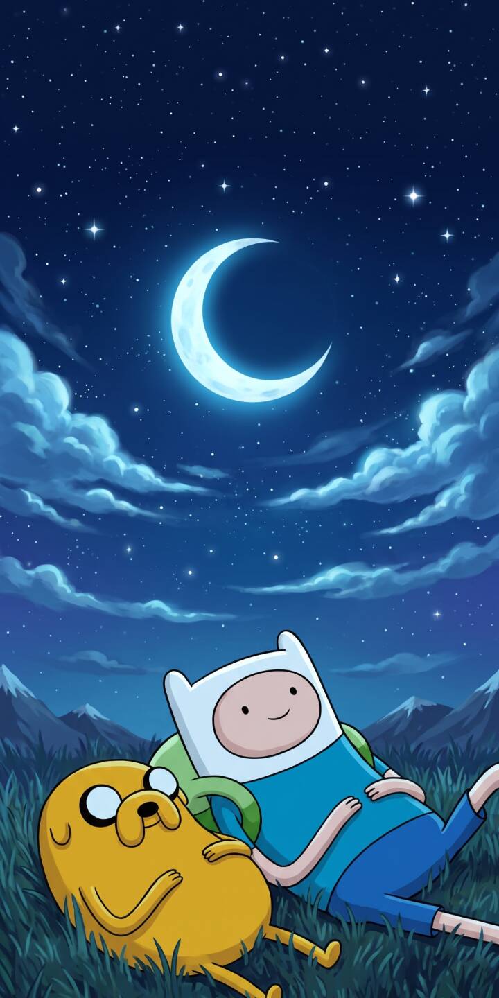 A brilliant crescent moon casts a gentle glow over Finn and Jake as they relax on a grassy hill, gazing at the starry night sky in this peaceful 4K wallpaper. This delightful wallpaper is perfect for personalizing your iPhone. | cartoon moonlight iphone adventure time wallpaper starry night finn jake mobile peaceful 4k wallpaper hd wallpaper A brilliant crescent moon casts a gentle glow over Finn and Jake as they relax on a grassy hill, gazing at the starry night sky in this peaceful 4K wallpaper. This delightful wallpaper is perfect for personalizing your iPhone.